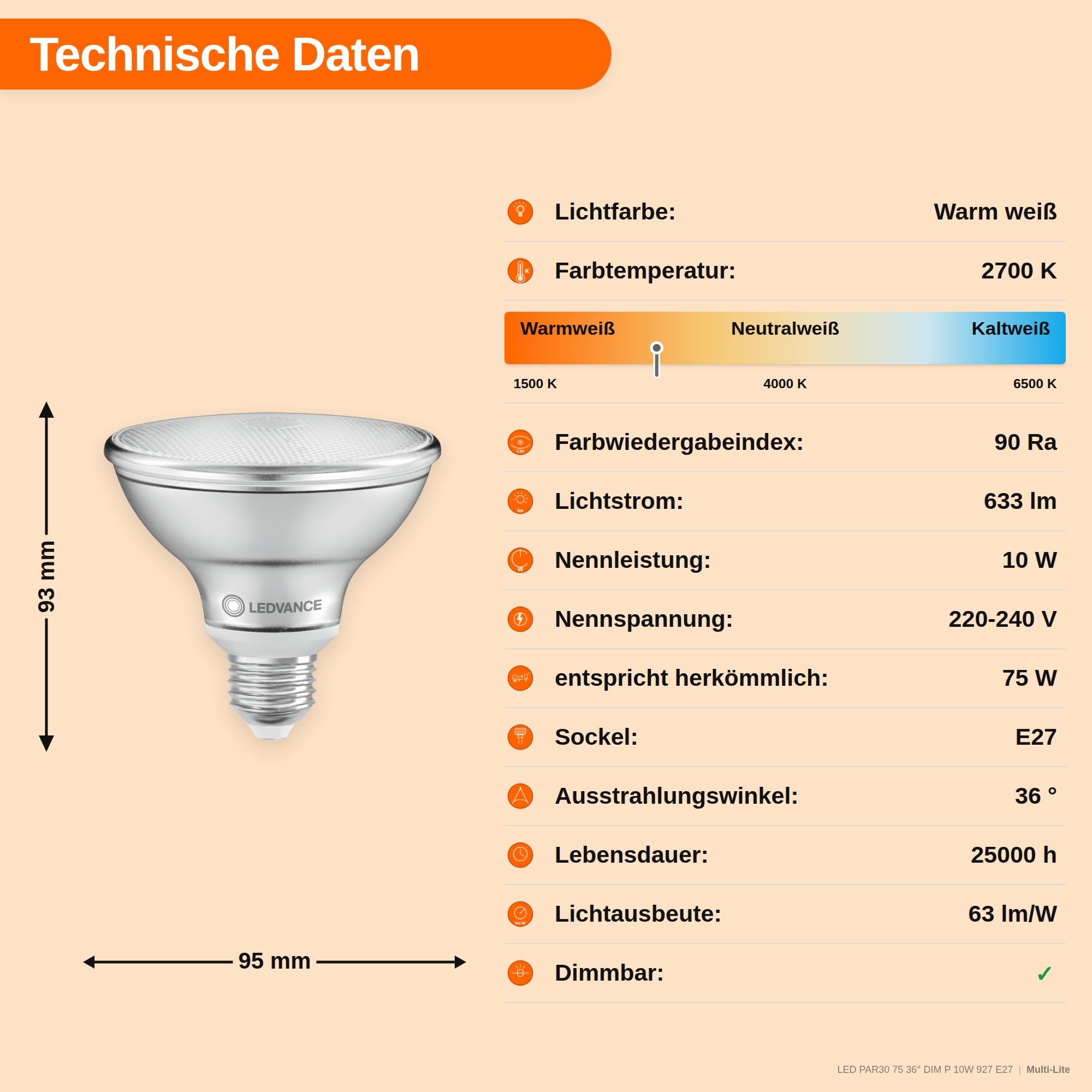 LEDVANCE 6x LED PAR30 Reflektorlampe, Warmweiß, 10W, Dimmbar, PAR30, E27, 75W Ersatz, 220-240V, 6er SPARPACK