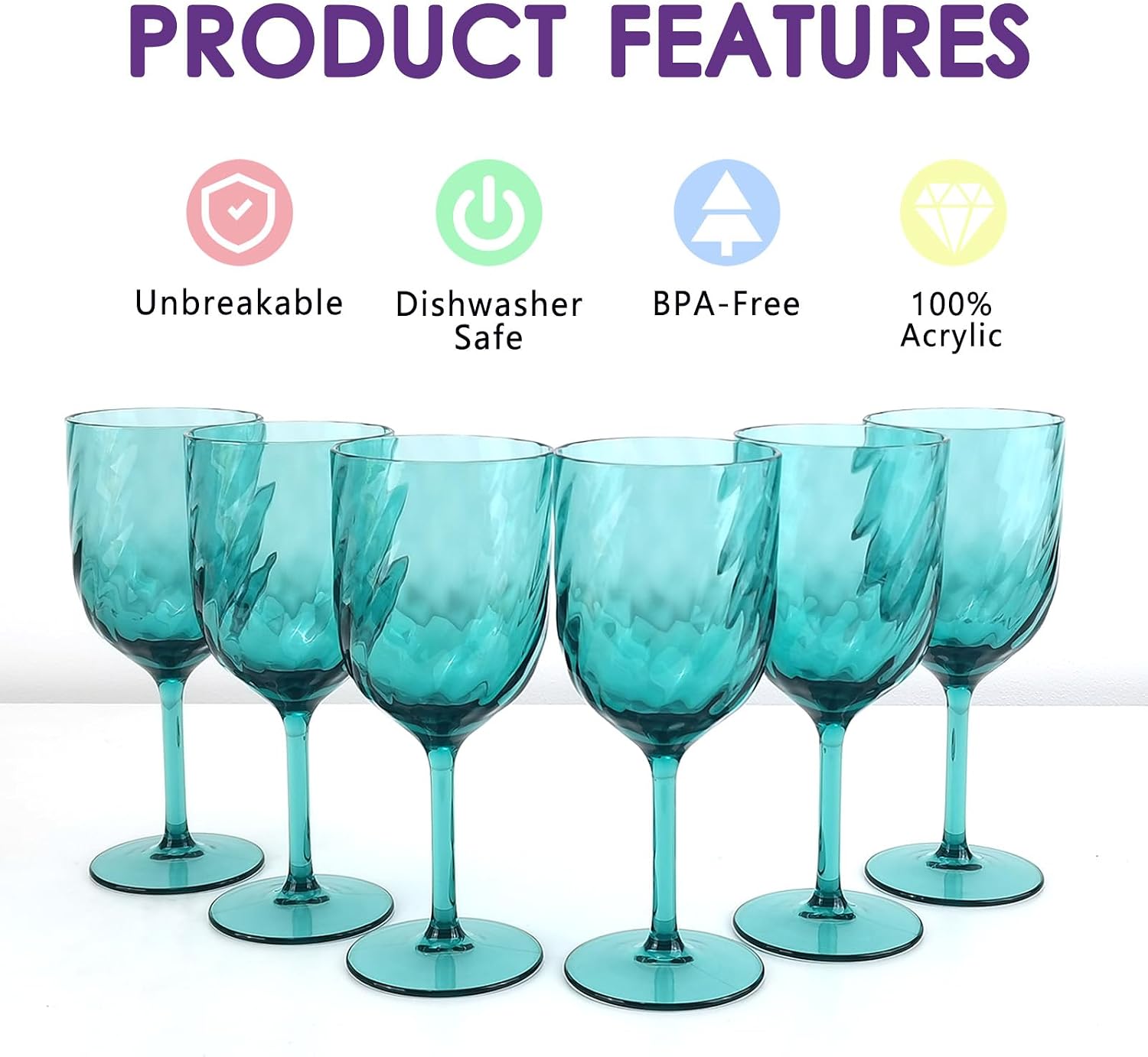Set of 6 Unbreakable 15oz Acrylic Wine Tumblers Plastic Goblets for Indoor & Outdoor Use,BPA-Free,Shatterproof (Teal)