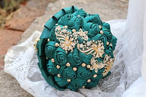 Miniatura 5 de WIFELAI-A Broche de diamantes de imitación dorados, flores de boda, ramos de novia, ramo de novia de cristal, rosas de satén blanco marfil con