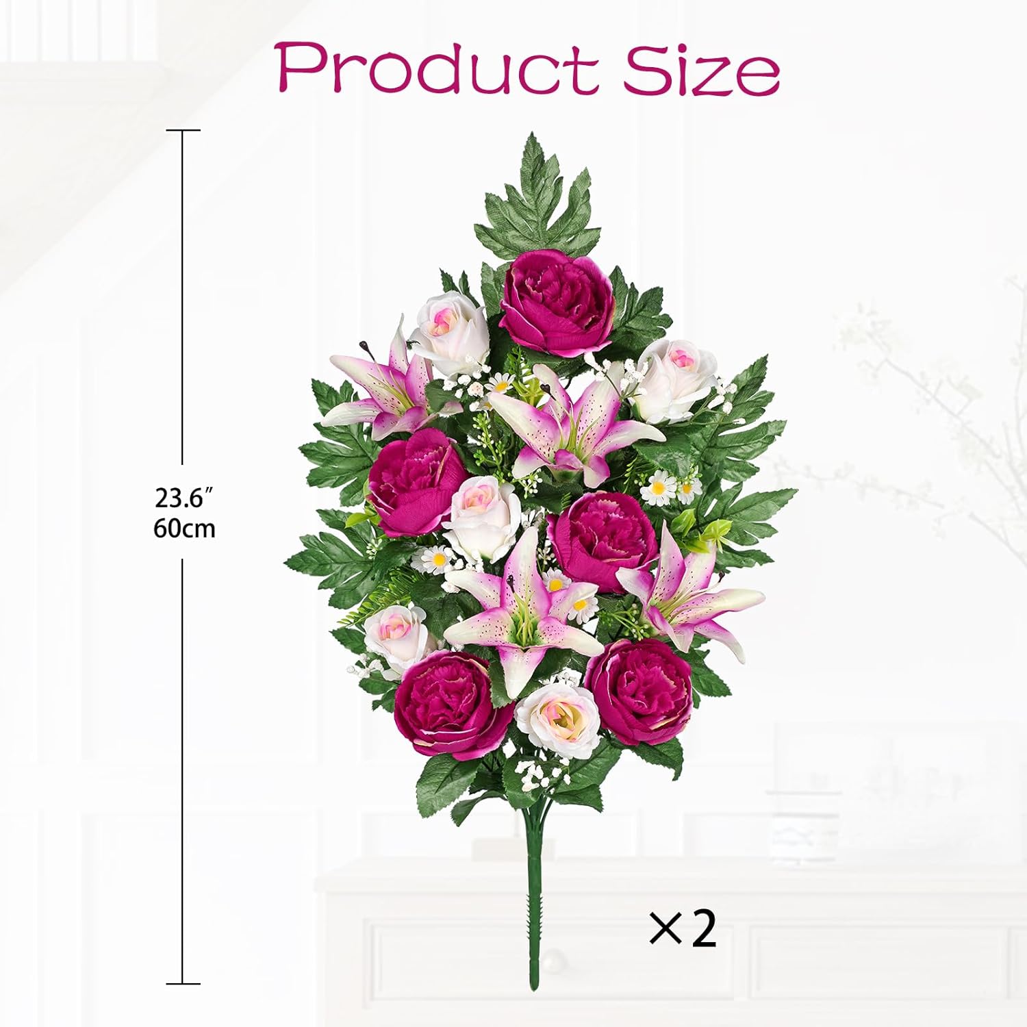Briful 2 Set Artificial Cemetery Flowers for Grave, Silk Sympathy Grave Flowers Bouquet Fake Rose Peony Lily Floral Arrangement for Outdoor Vase Funeral Memorial Mother’s Day Decor