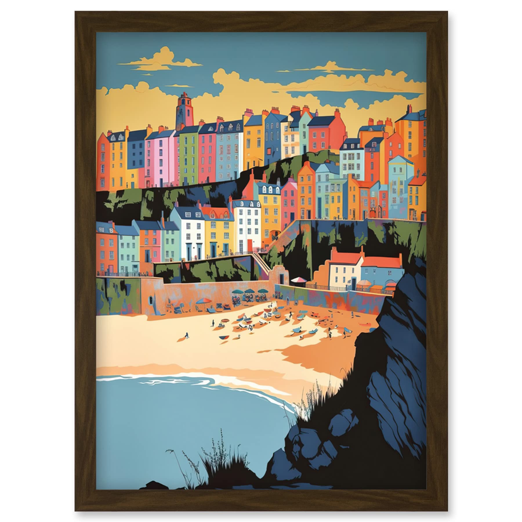 Artery8 Tenby Castle Beach Coastal Town Summer in Wales Artwork Framed Wall Art Print A4