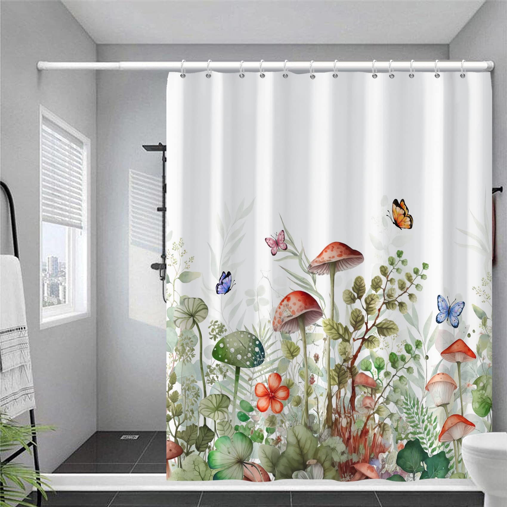 Ttincceer Mushroom Shower Curtain Wild Flower Sage Green Leaves Bath Curtain Colorful Butterfly Botanical Floral Bathroom Curtains Waterproof Bathtub Curtain 72x72inch