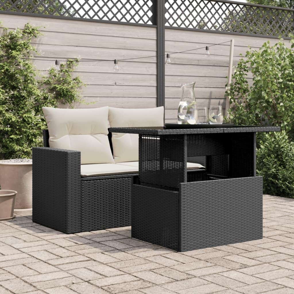 Black Garden Coffee Table with Tempered Glass Top, Adjustable Height Outdoor Table in Poly Rattan and Powder-Coated Steel, Rectangular Patio Furniture for Patio or Garden Use