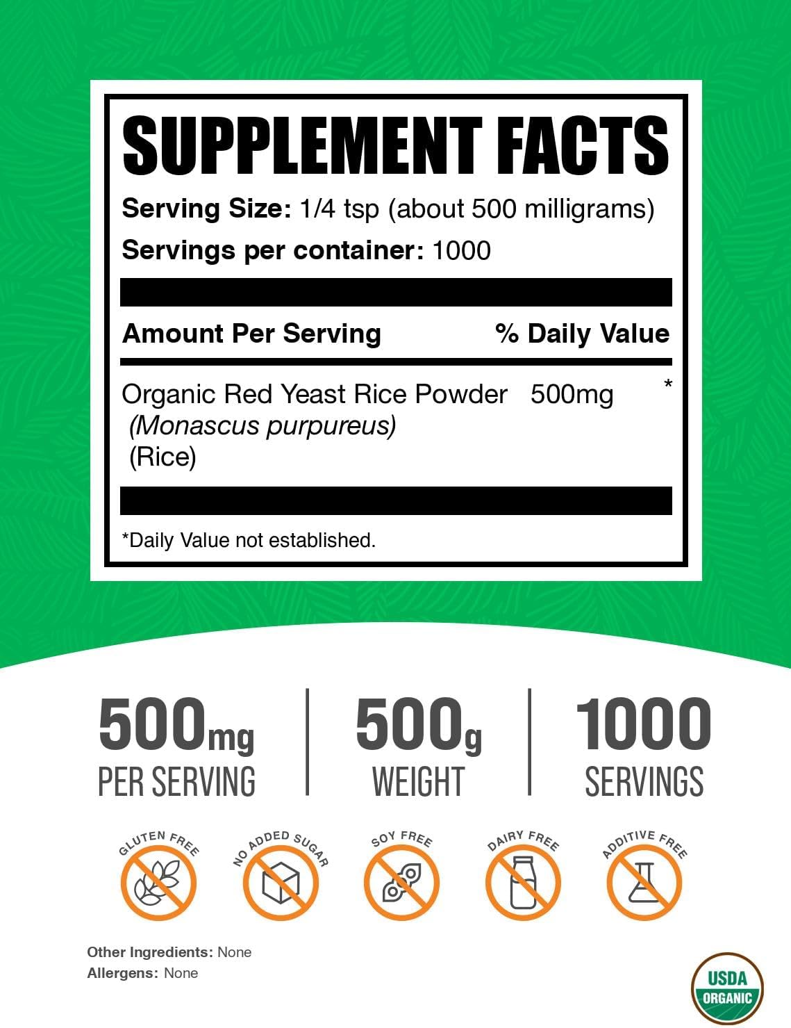 BulkSupplements.com Organic Red Yeast Rice Powder - Organic Red Yeast Rice Supplement, for Heart Health Support - Vegan Friendly, 500mg per Serving, 500g (1.1 lbs) (Pack of 1)
