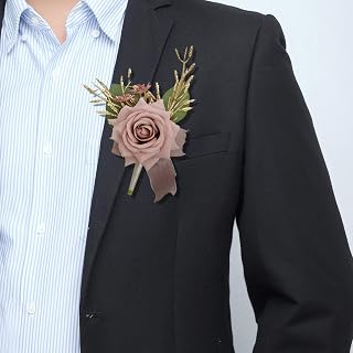Wedding Groom Boutonniere Set of 2 Dusty Pink Rose Blossom Bestman Artificial Groomsman Parent Boutonniere Lapel Flower for Indoor Outdoor Wedding Prom Father Daughter Dance Homecoming