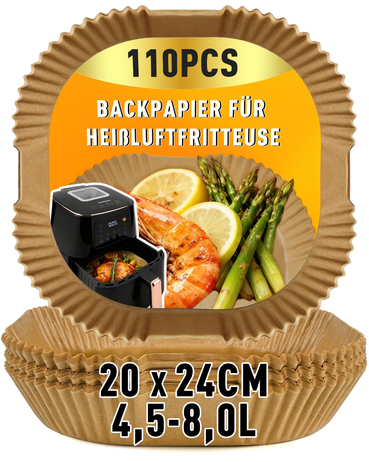 MRUN BONE 110 Stück Backpapier für Heißluftfritteuse 4,5L-8L, 20-24cm Airfryer Backpapier Pergamentpapier Liner Kompatibel mit Philips Russell Tefal COSORI Midea XL XXL Airfryer