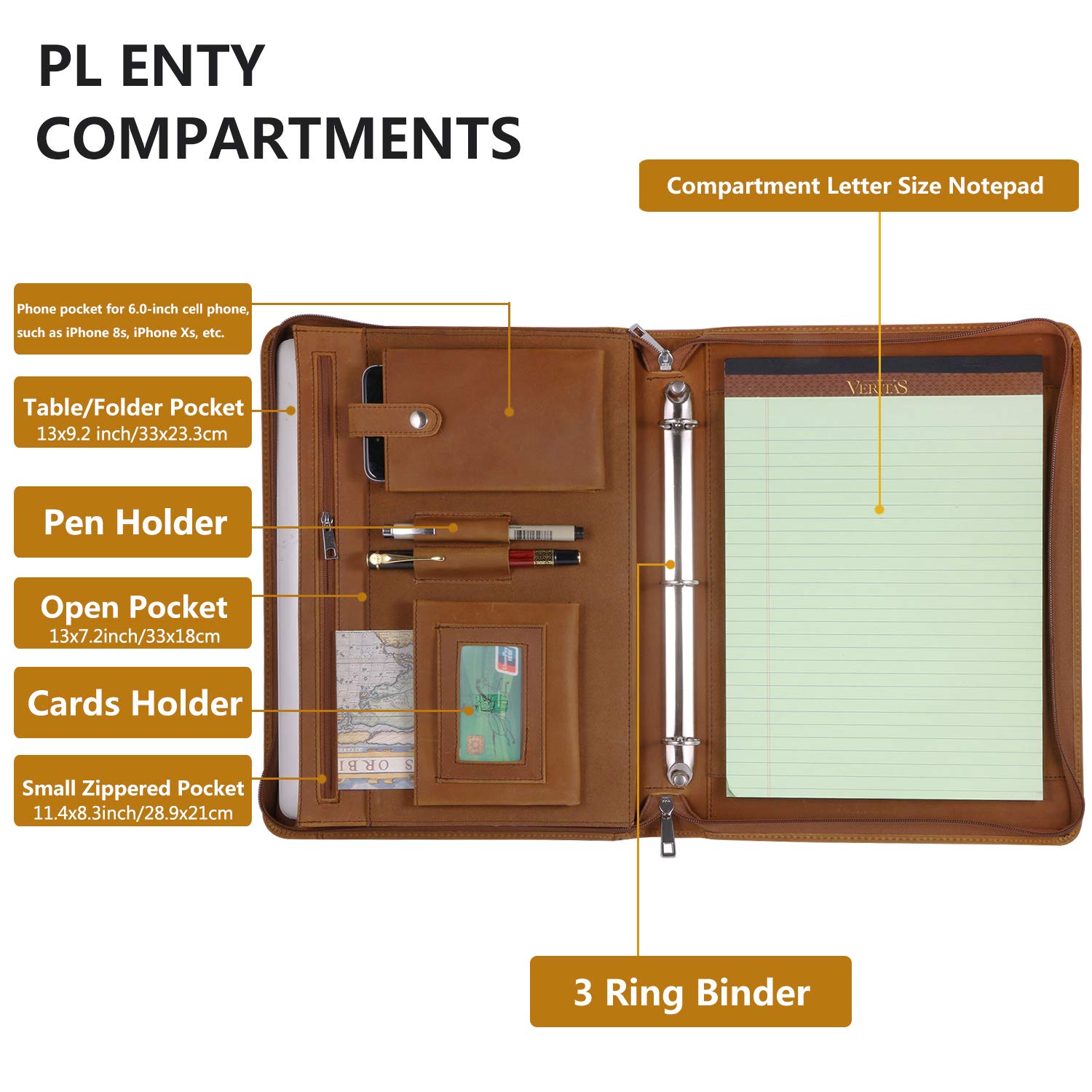 Funda profesional de cuero para negocios, carpeta de 3 anillas, organizador de documentos de negocios con cremallera, funda para tablet, con bloc de notas tamaño carta (versión mejorada marrón)