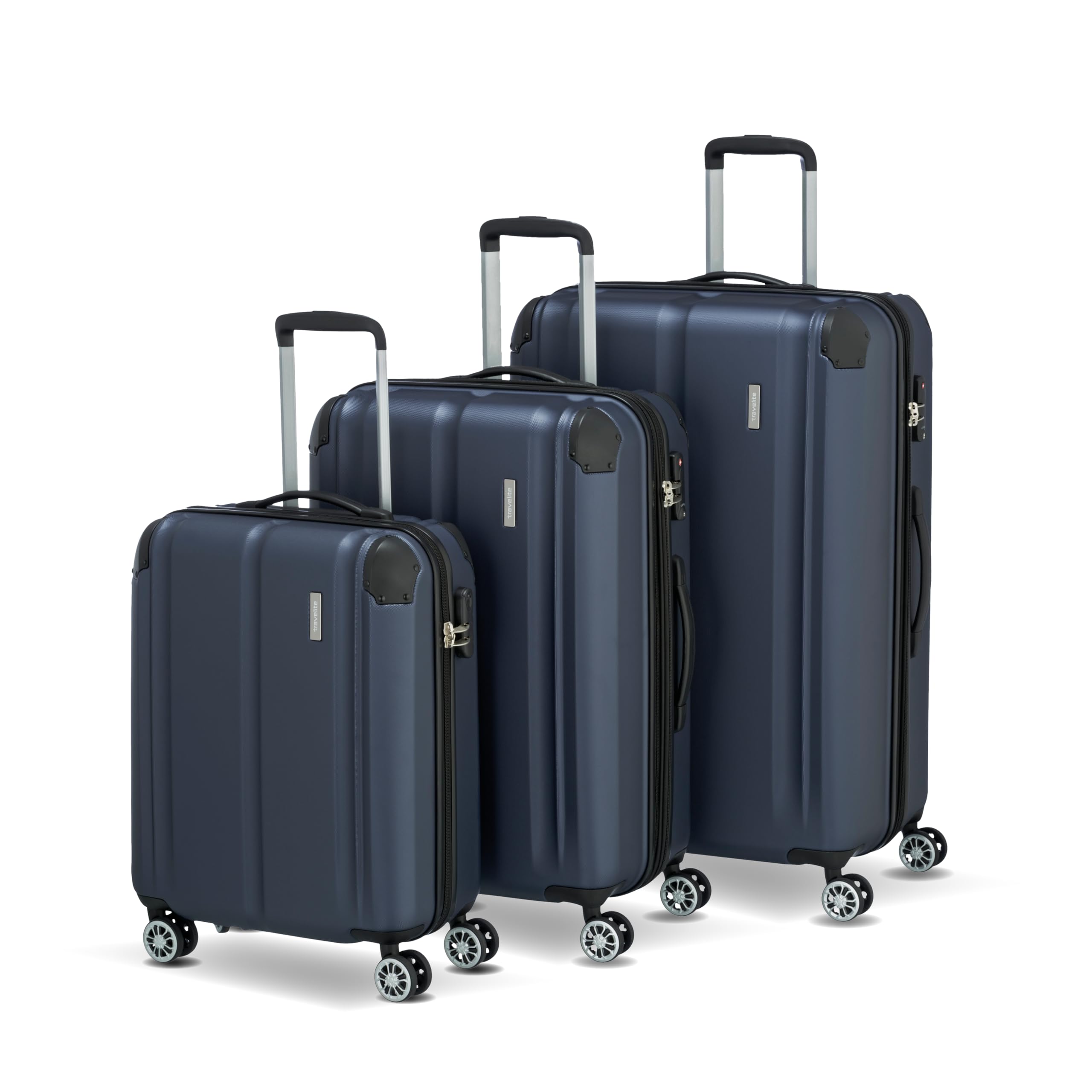 Travelite Kofferset 3 teilig Hartschale L/M/S, 4 Rollen, City, Größe S Handgepäck, Reisekoffer Trolleys mit kratzfester Oberfläche, TSA Schloss + Dehnfalte (außer Größe S)