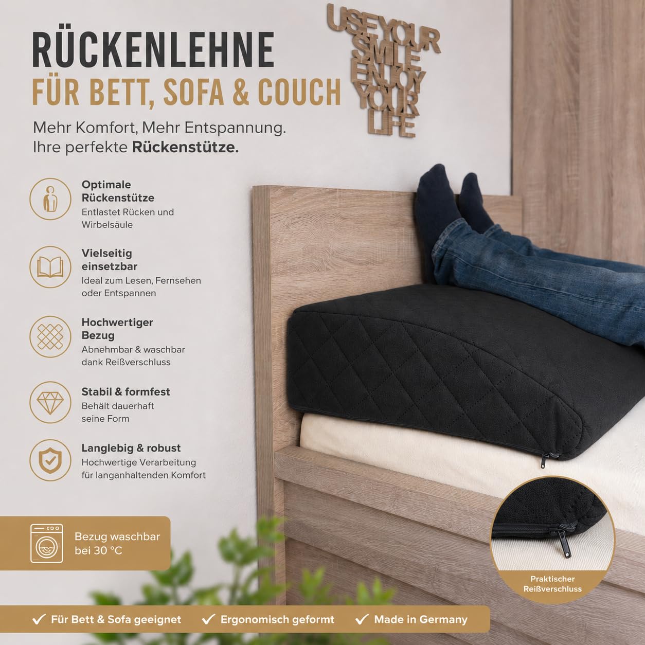 Rückenlehne 90x45 cm, Anthrazit | Komfortables Rückenkissen für Bett, Sofa oder Palettenmöbel, Vielseitiges Rückenstützkissen, Abnehmbarer Bezug