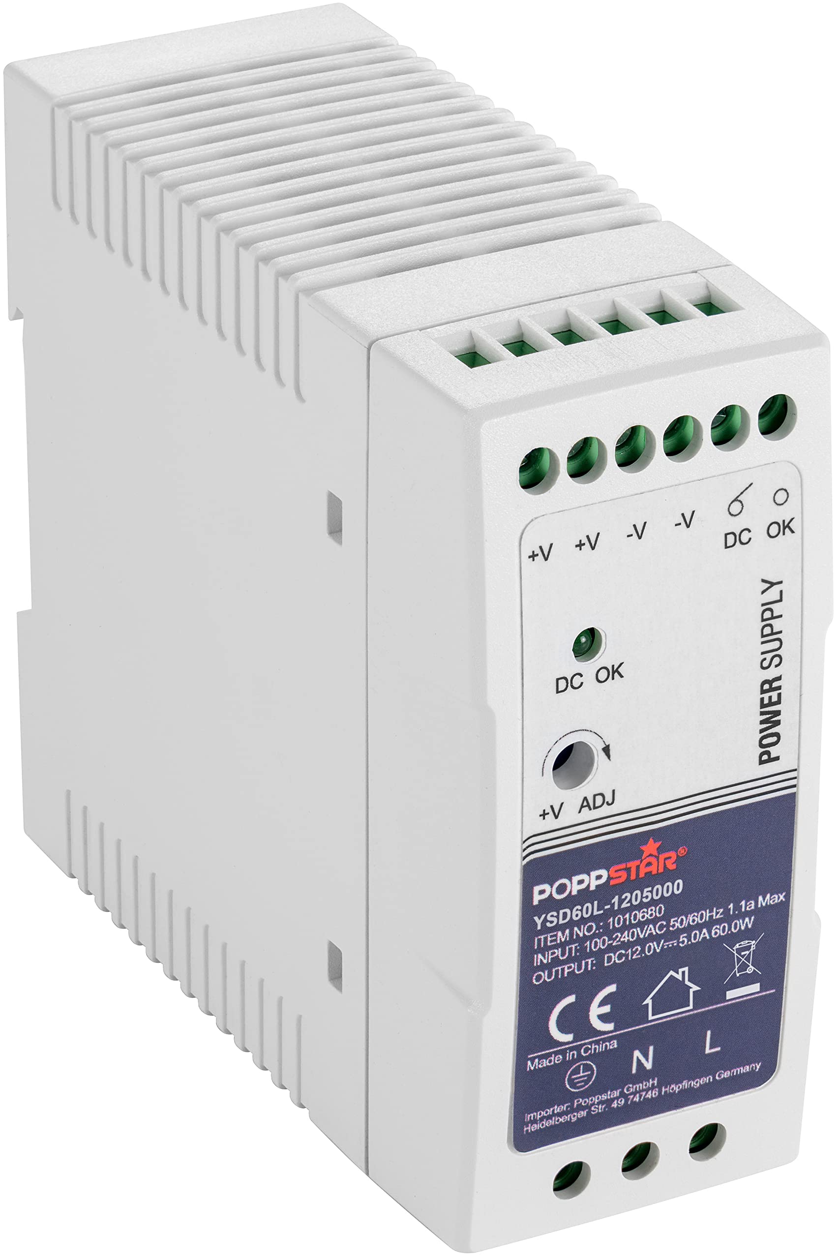 Poppstar Ultra-Slim Netzteil für DIN-Hutschiene 12V DC 5A 60W