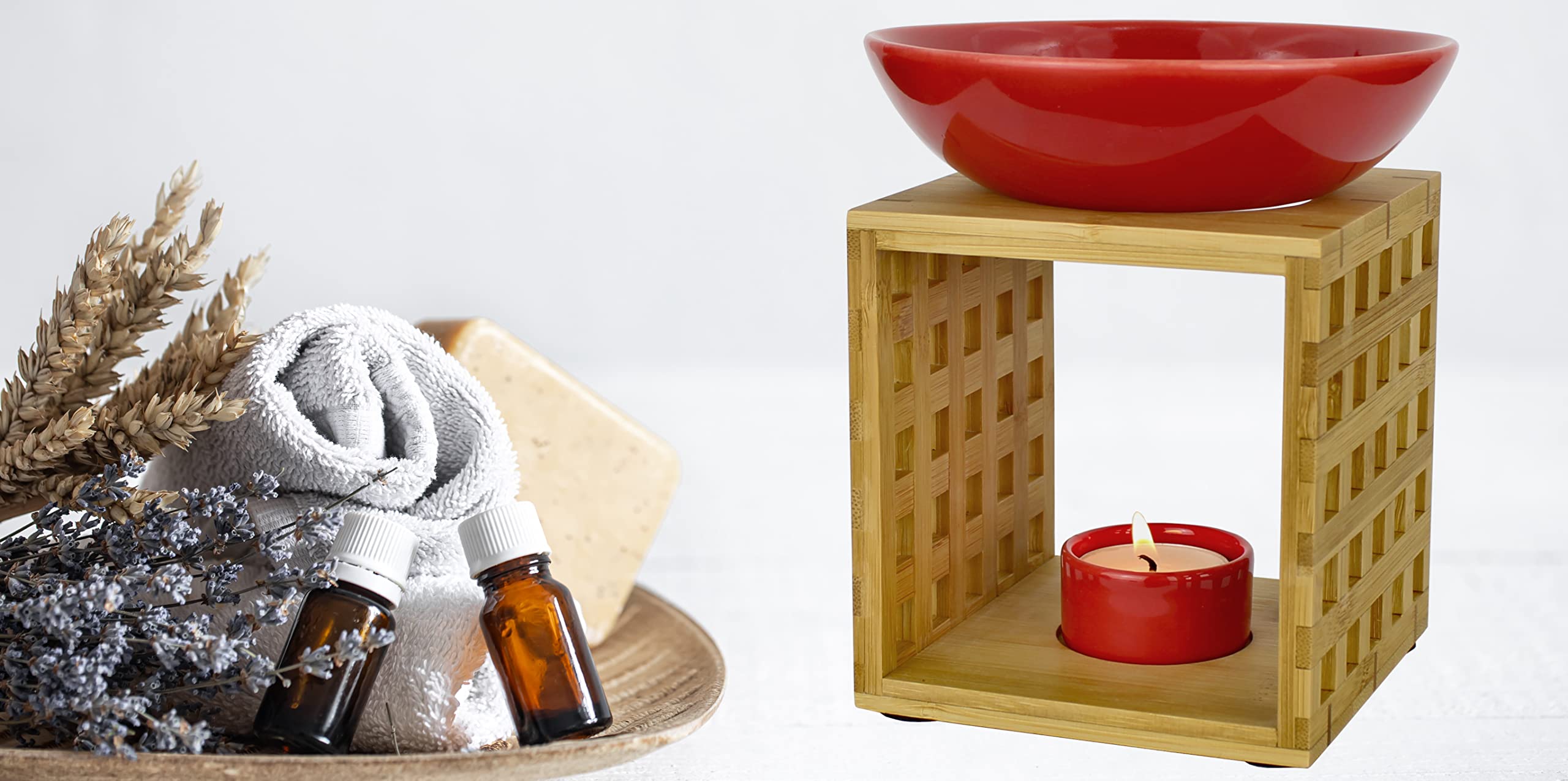 Bitto Duftlampe Riga Kaminrot mit Kerze, große Schale, Fair Trade, Aromalampe aus Bambusholz und Keramik
