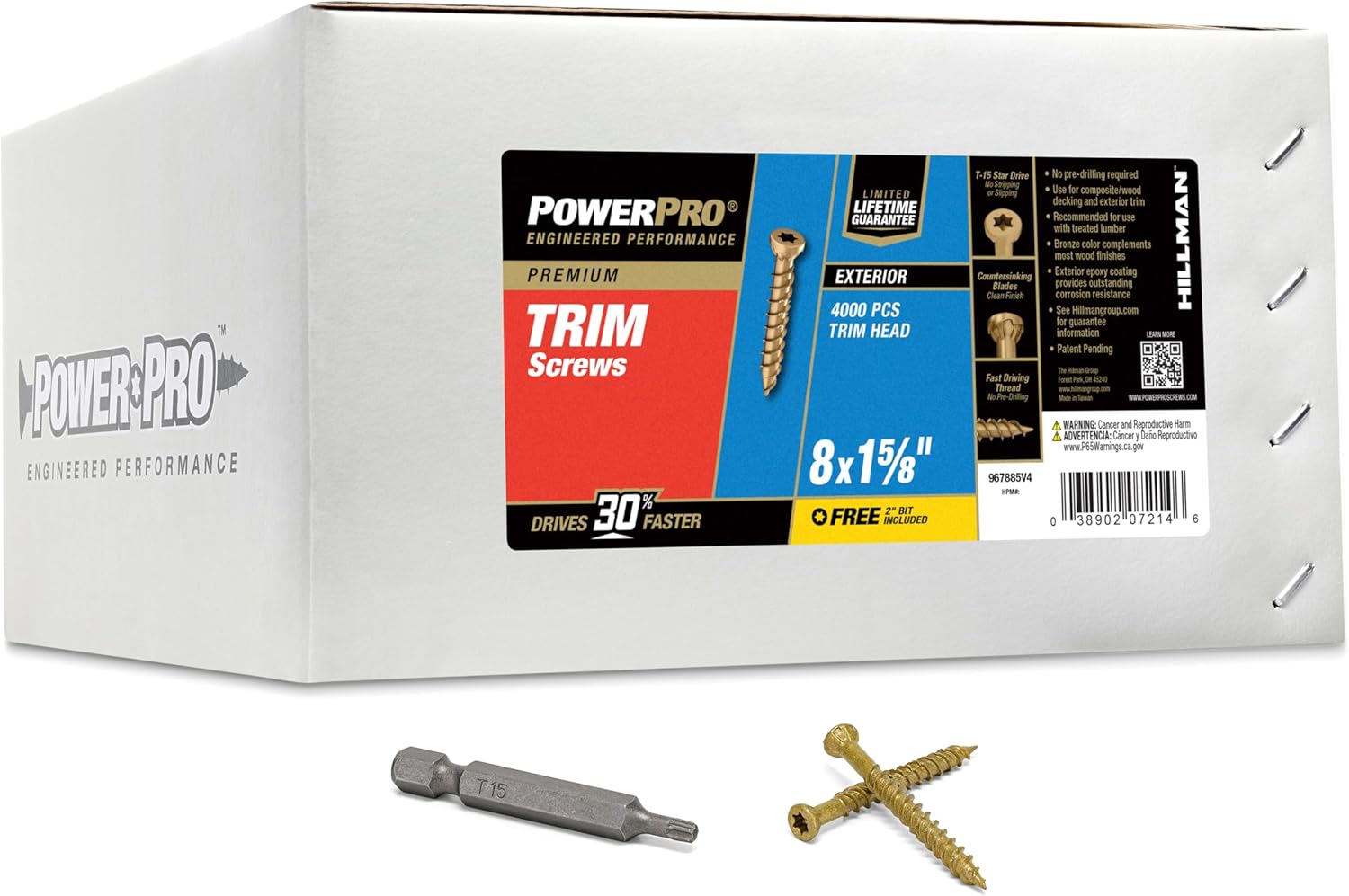 Power Pro 967885 Trim Screws, #8 x 1-5/8", All Purpose Wood, Deck, Composite, and Exterior Trim Screws, Rust Resistant, Bronze, 4000pcs Box