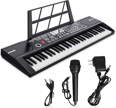 Digital Piano Klavier 61 Tasten & Noten Notenständer-Tragbares Elektronisches Keyboard-Musikinstrument mit Lautsprechern und Unterrichtsmodi,Begleitautomatik Geeignet für Anfänger/Erwachsene