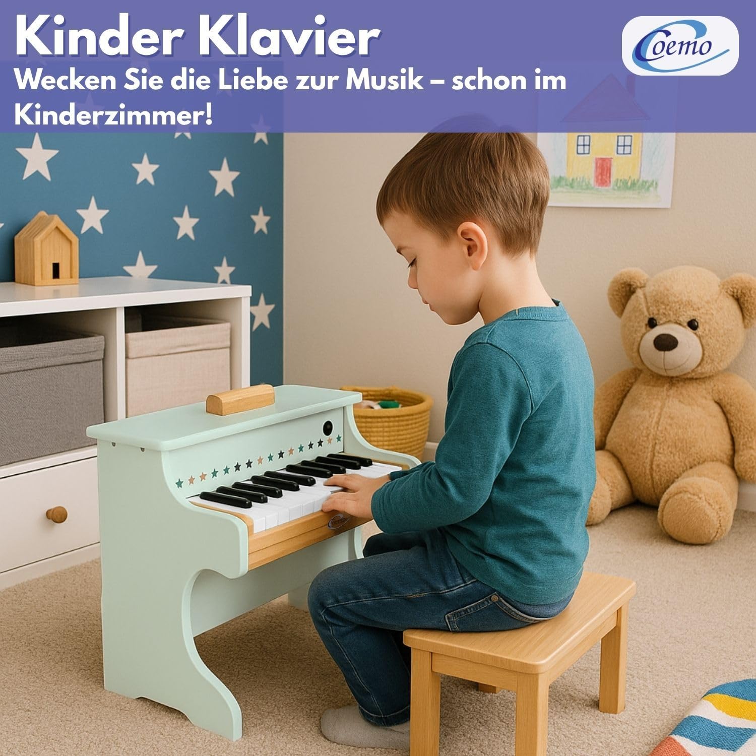 Coemo Kinder-Klavier, 42x25x29 cm, 25 Tasten Piano für Kinder, Mädchen | Musik Lerninstrument Spielzeug, Motorikspielzeug, Holzklavier für Kleinkinder, Jungen Klavier, Zwei Varianten, saubere Töne