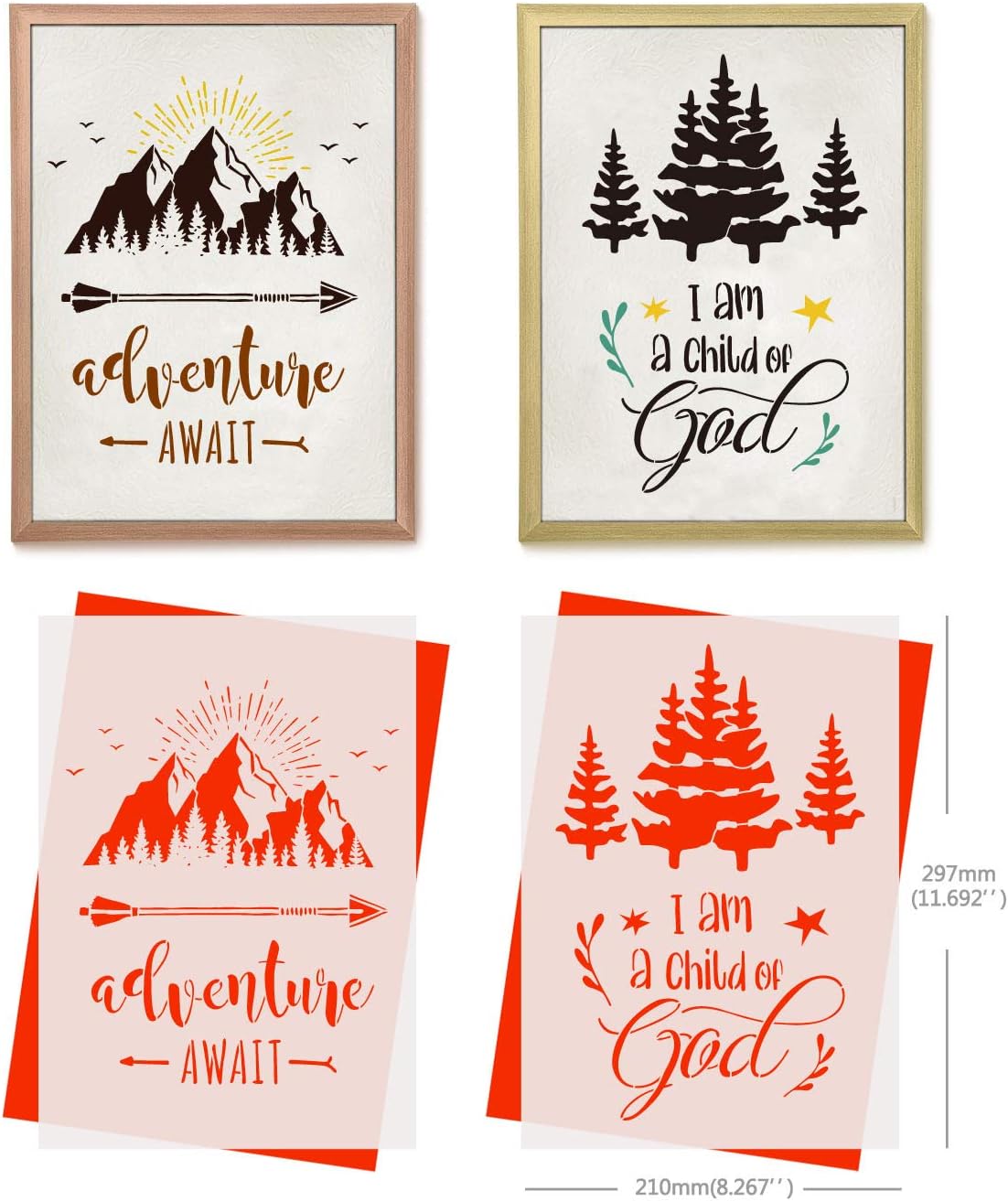 GSS Designs Word Stencils Inspirational Quote Stencils A4 Size (4 Pack) - Forest Mountian Animals Deer Bear Stencils for Painting on Wood Wall Canvas Poster Pillow for Word Art (SL-102)