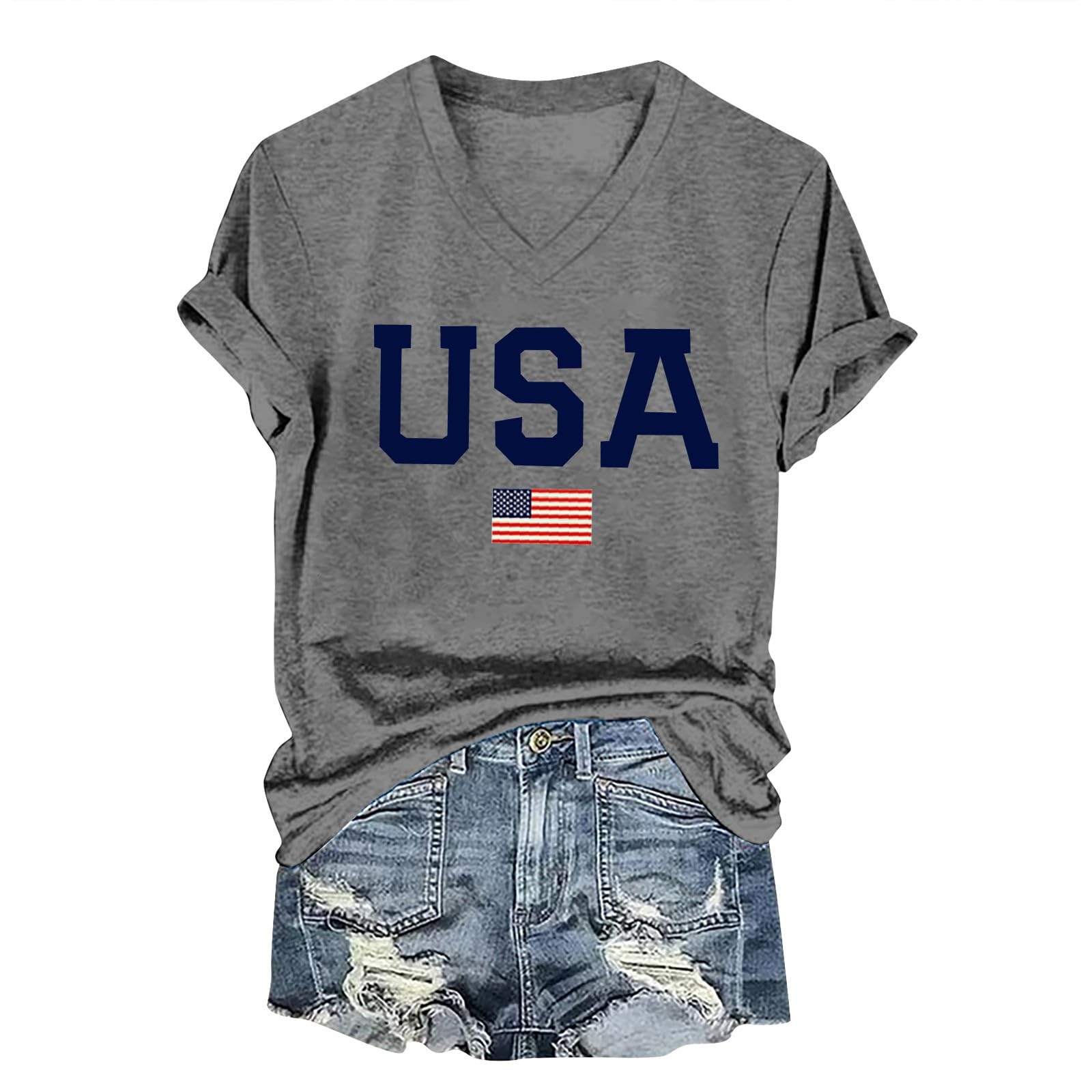 USA Shirts for Women Short Sleeve Letter Graphic American Flag Summer Tees Shirt Plus Size Memorial Day 4th of July Blouse(Grey,L)