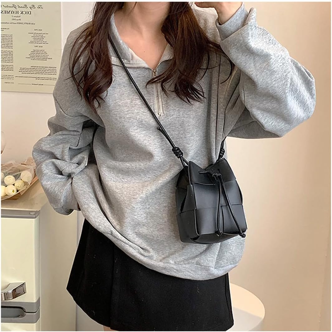 Mini Woven Bucket Bag for Women, PU Leather Small Hobo Handbag Square Lattice Drawstring Crossbody Handbags Soft - Image 3