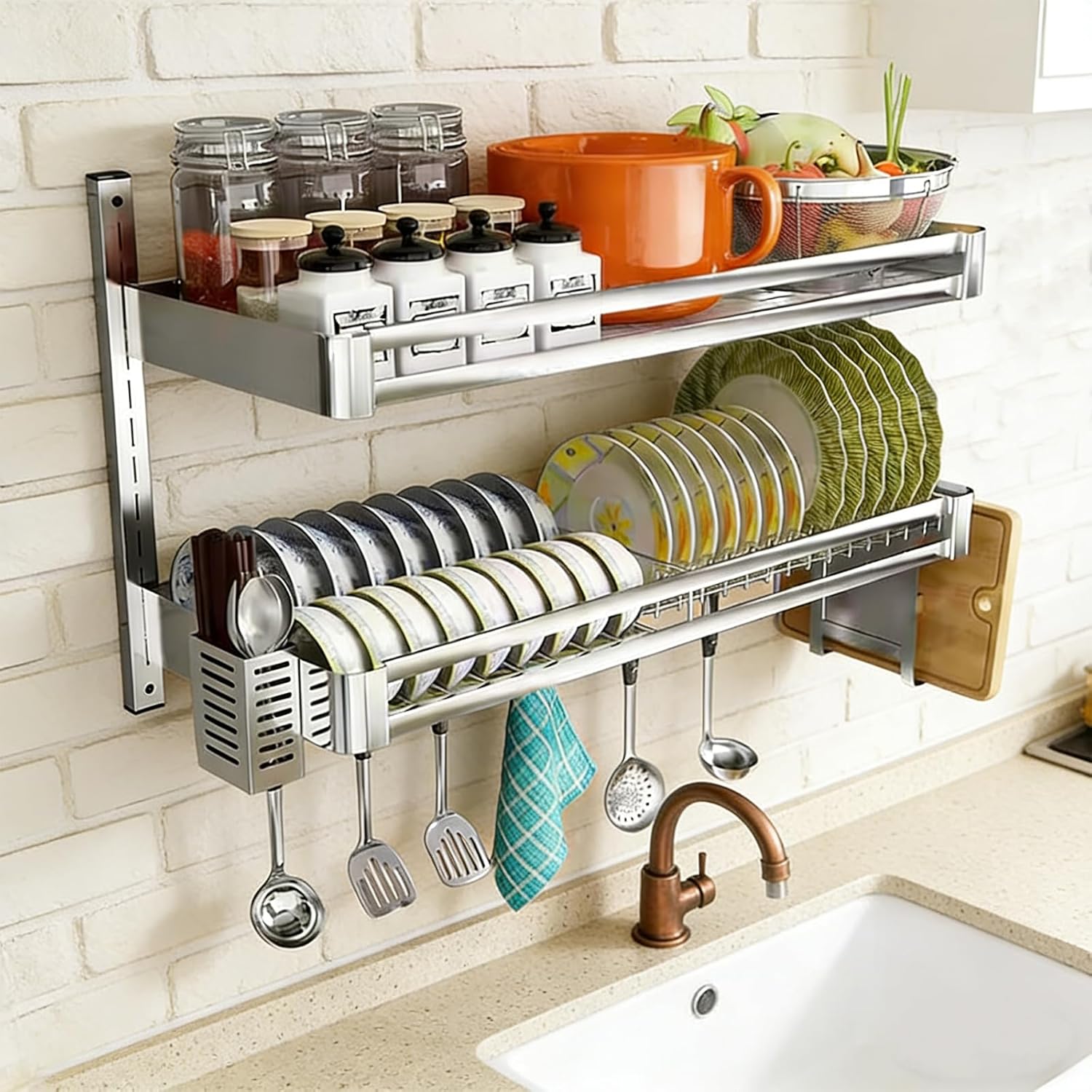 2Tier Wall Mounted Dish Drying Rack, Stainless Steel Hanging Dish Drainer with Drain Tray, Large Capacity Kitchen Storage Shelf with Utensil Cutlery Holder, for Plates Bowls & Mugs (31.5x11.8x19.7in)