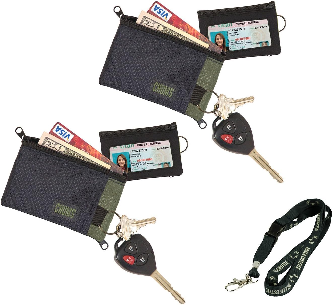 Chums Surfshort Minimalist Outdoor, Lightweight, Sports Keychain EDC ID Wallet | 2pk Bundle + Lanyard, Green