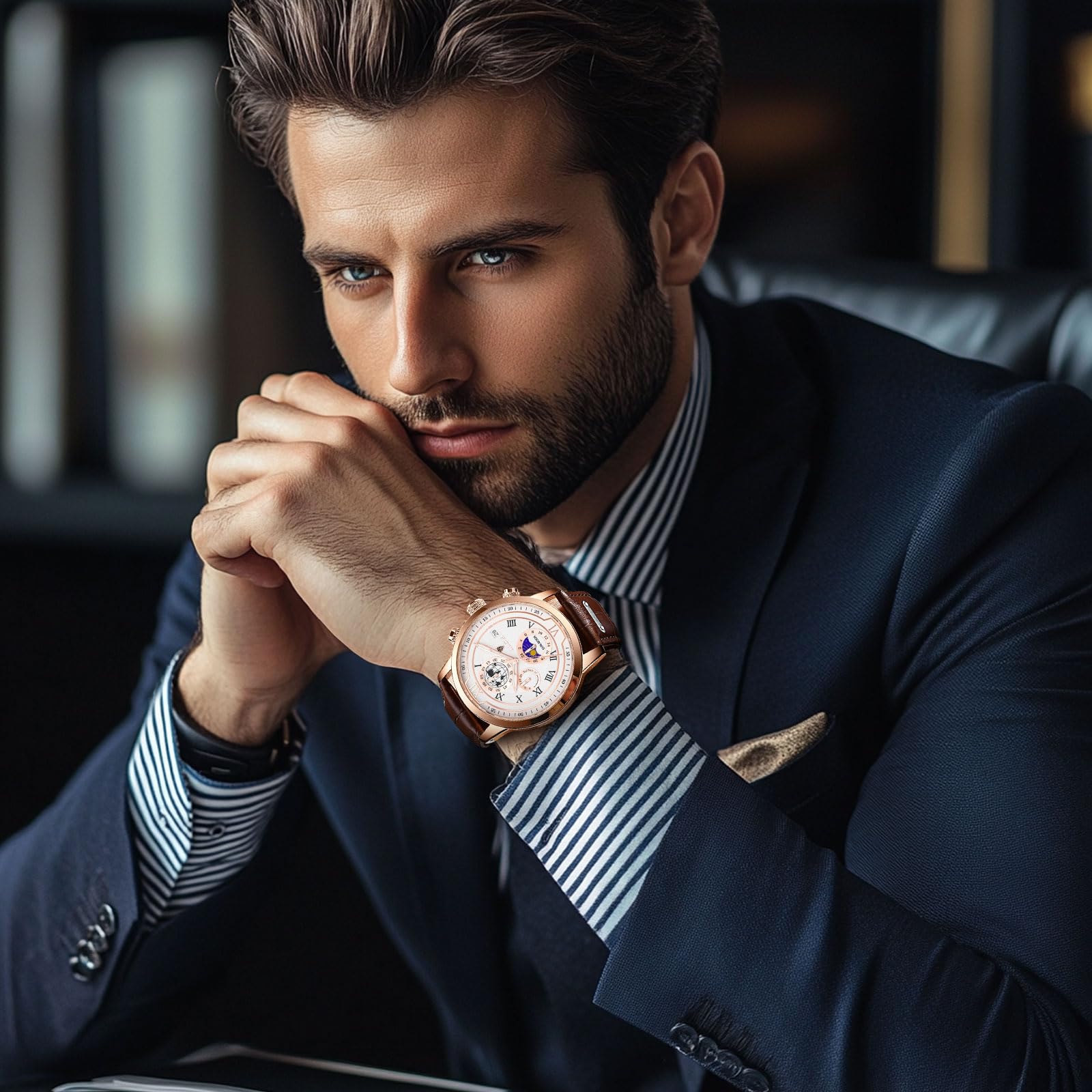LIGE Orologio Da Uomo Cronografo Al Quarzo Con Data Fasi Lunari Design Nero Cinturino In Pelle Orologio Impermeabile Quotidiano