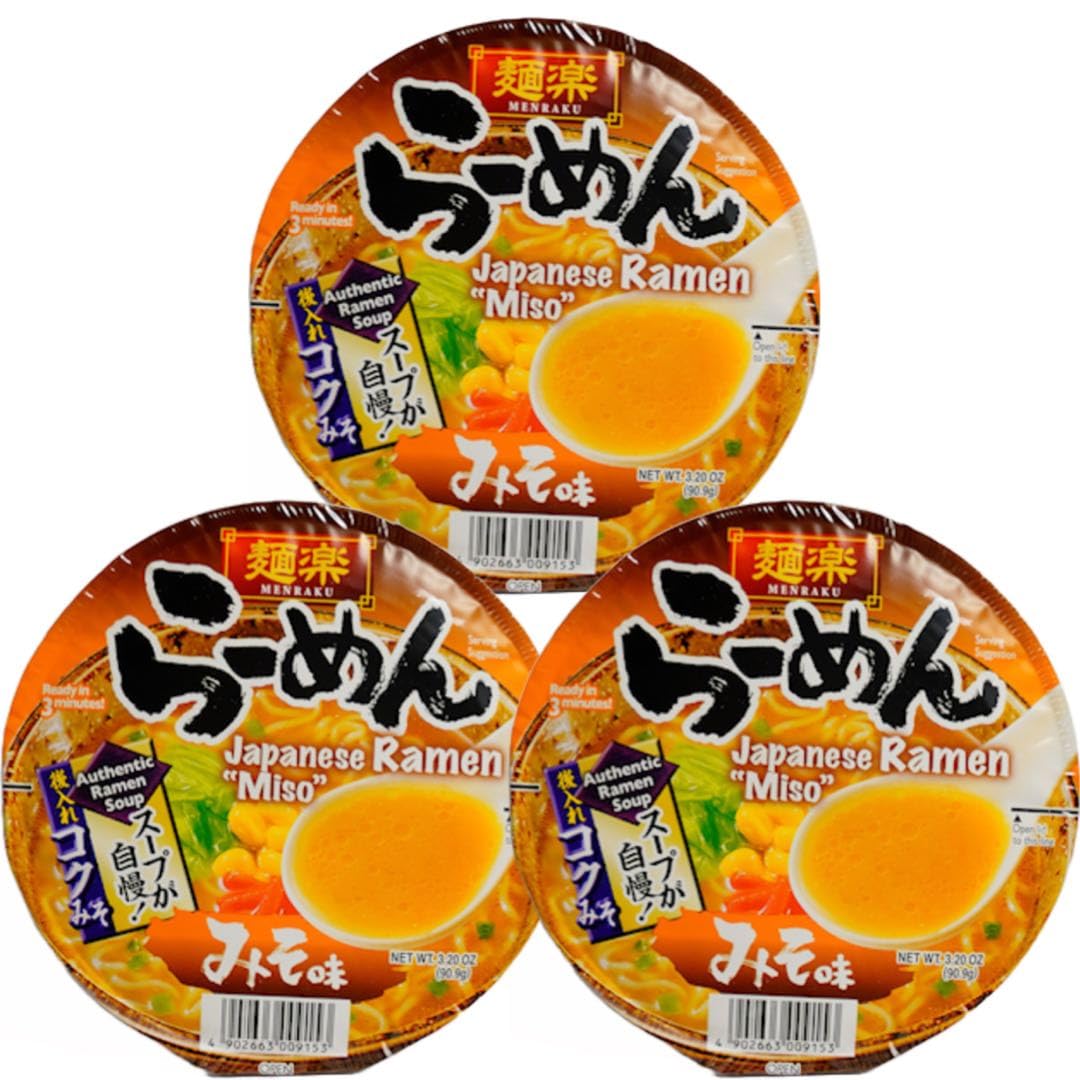 Hikari Menraku Japanese Miso Ramen Bowl Instant Noodles 90.9g (Pack of 3)