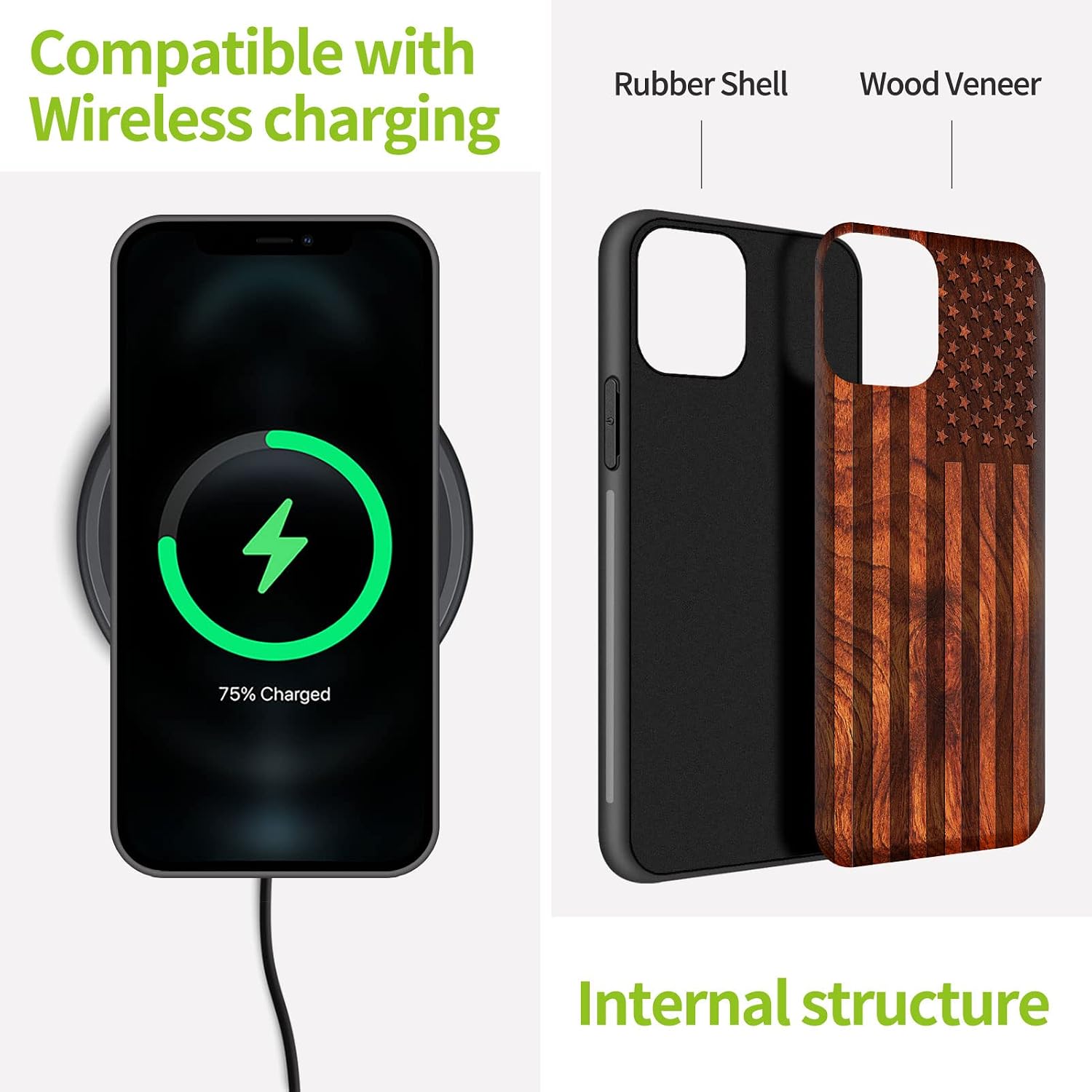 Carveit Wood Case for iPhone 11 Case [Hard Real Wood & Black Soft TPU] Shockproof Hybrid Protective Cover Unique Wooden Phone Protector Compatible with Apple iPhone 11 (American Flag-Rosy)