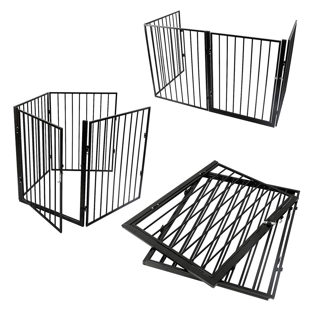 Barrera de seguridad infantil, 4 paneles, gran versión 2,4 m, barrera de escalera de fijación por presión sin taladrar, metal, negro
