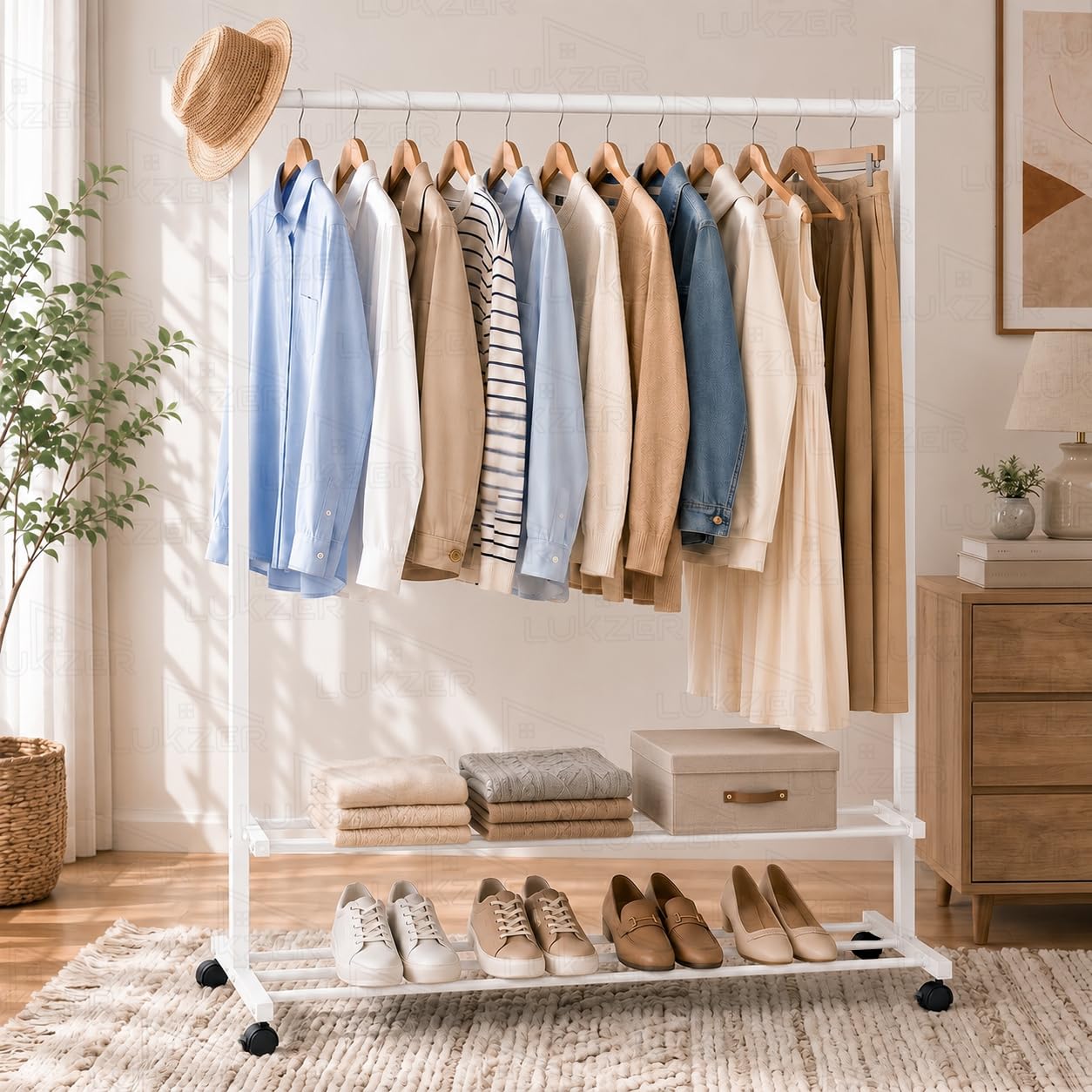 Lukzer Single Rod Metal Garment Rack with Wheels & 2 Bottom Shelves, Portable Clothes Stand/Coat Hanger Rack with Shoe Storage for Bedroom, Entryway & Open Wardrobe (White/109x34x162 cm)