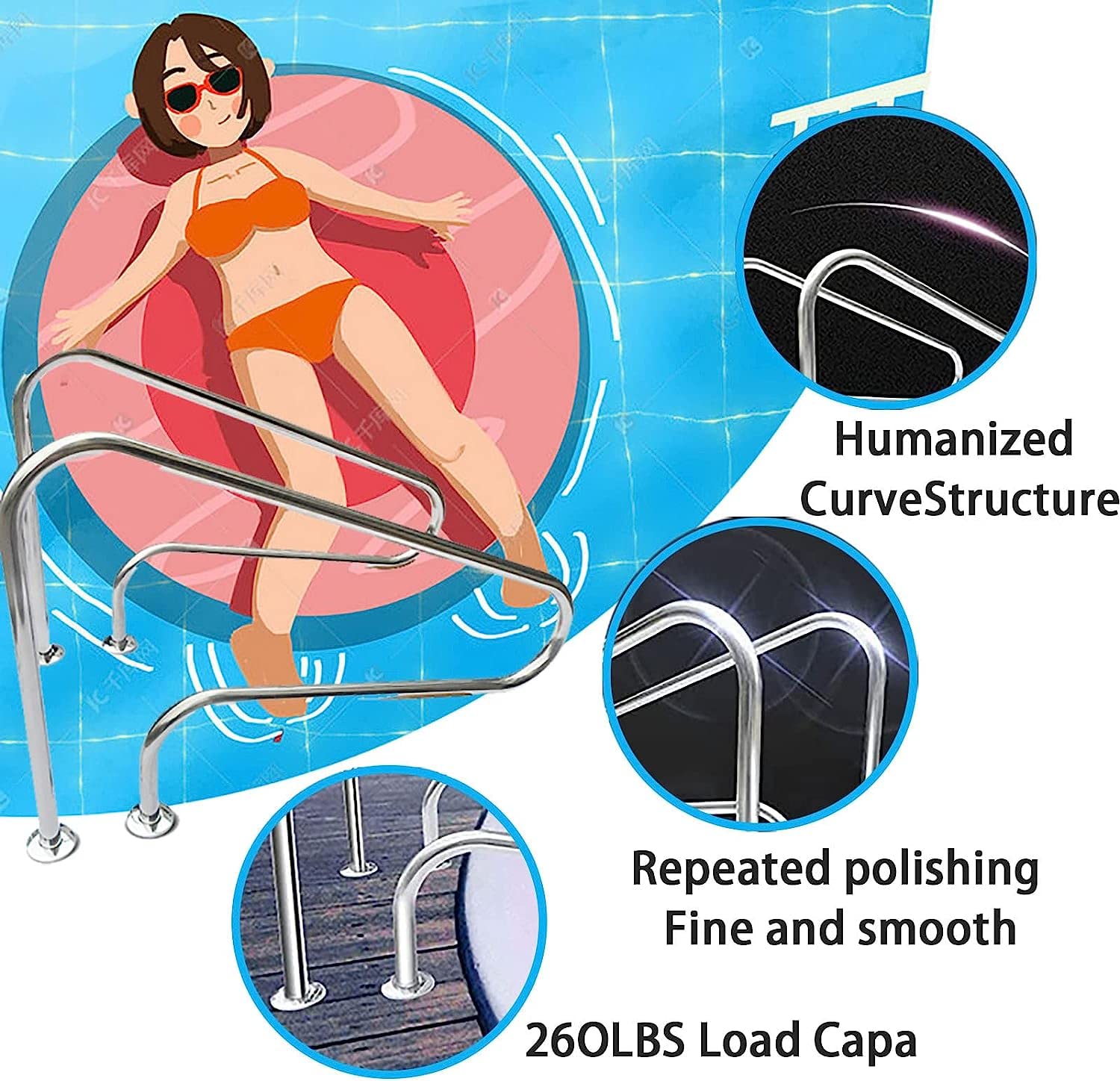 Genérico Barandilla de Piscina, 2 Piezas Pasamanos de Piscina Escalera Pasamanos de Acero Inoxidable Mango Riel de Escalera de Piscina para Piscinas Pontones Muelles y más