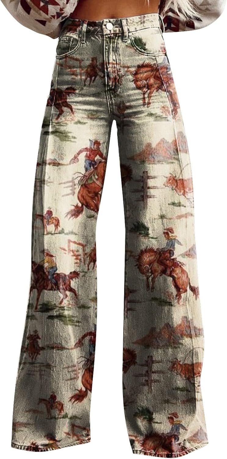 Women's Flare Jeans Wide Leg Baggy Pant Vintage Floral Printed High Waisted Straight Stretch Pants with Pockets