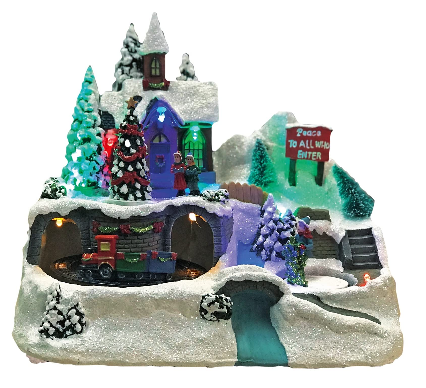 Hellum LED Weihnachtsdorf mit fahrendem Zug, Bergdorfszene im Fiberoptikstil, Weihnachtsdeko innen batteriebetrieben mit bunte Beleuchtung 3xAA 22x14x19cm 524390