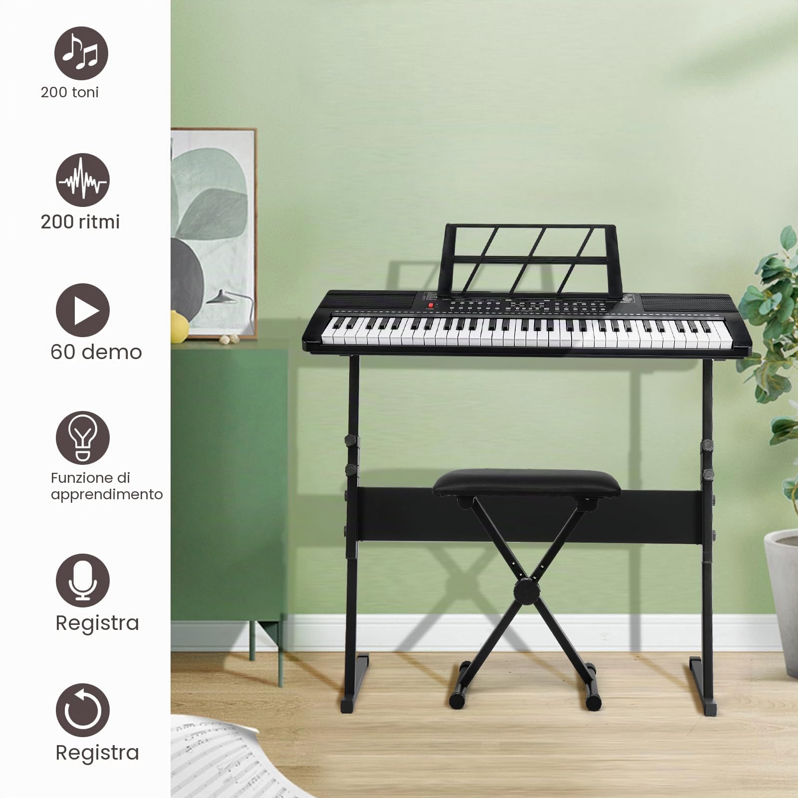 LEADZM Keyboard Piano a 61 tasti, pianoforte digitale con supporto per tastiera, banco per pianoforte, leggio per spartiti, cuffie, microfono, schermo LED, 3 modalità di apprendimento per principianti