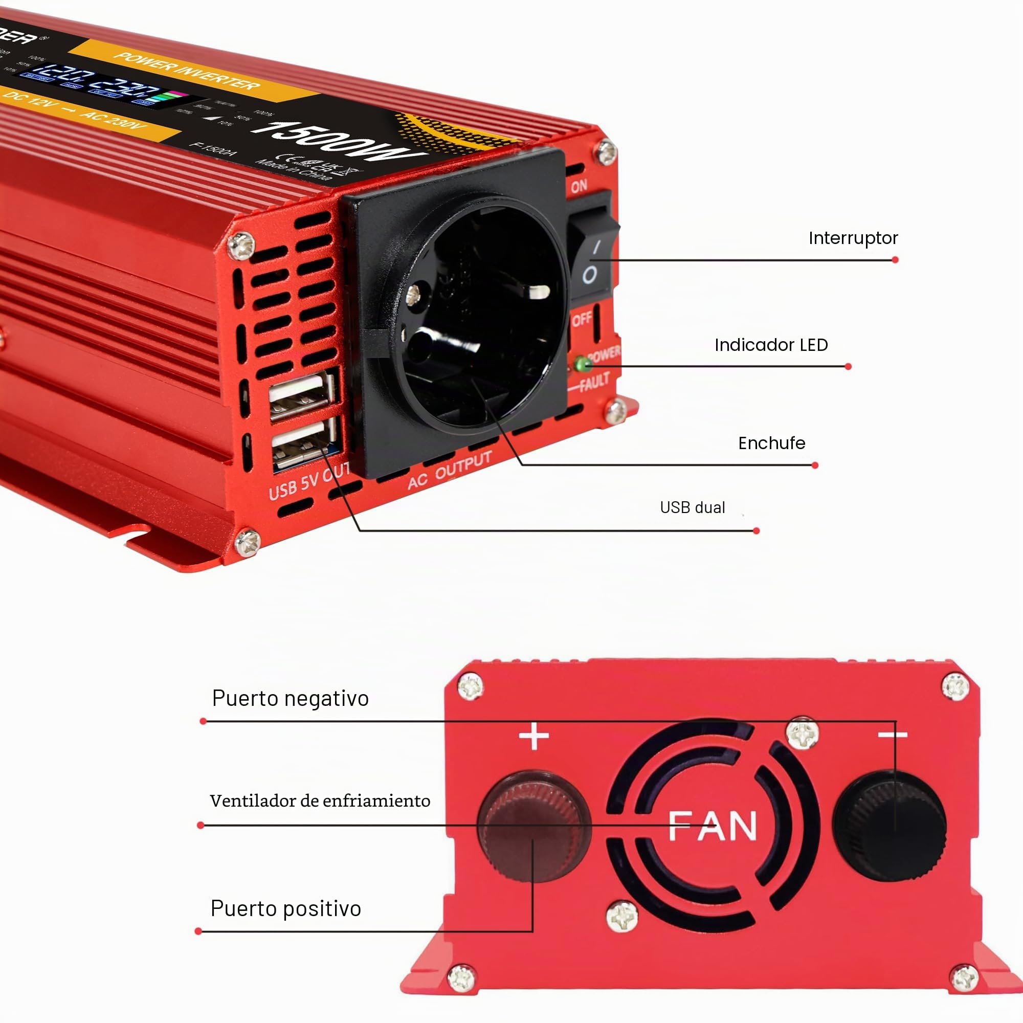 Convertidor de Voltaje 750 W/1500 W 12 V a 220 V/230 V Con LCD y 2 USB - Transformador de Voltaje