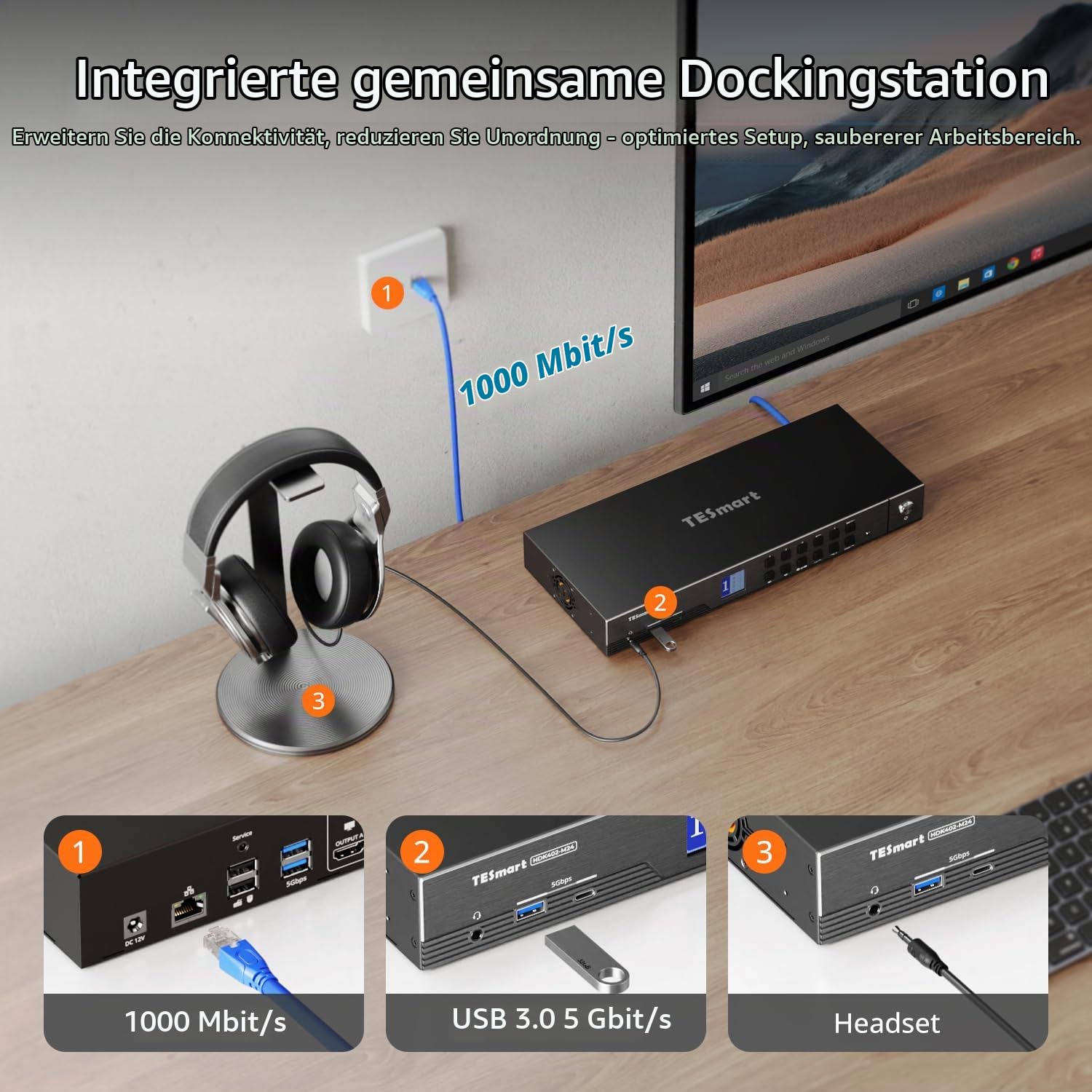 TESmart HDMI Displayport KVM Switch 4 PC 2 Monitor, HDMI 2.1 & DP 1.4 KVM Umschalter, Dual Monitore 8K@60Hz 4K@144Hz, USB 3.0 Dock, Gigabit LAN, Hotkey-Steuerung, EDID, VRR, 8 Kabel, Neu-Version 2026