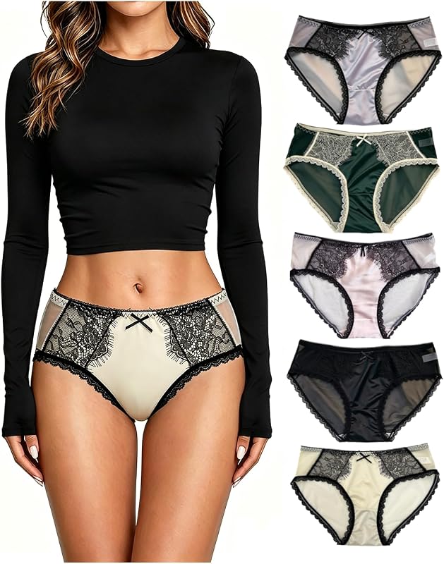 Satin Panties 5 Pack Hipster Panties for Women Sexy Silk Womens Underwear Lace Ladies Panties Womens Cheeky Underwear
