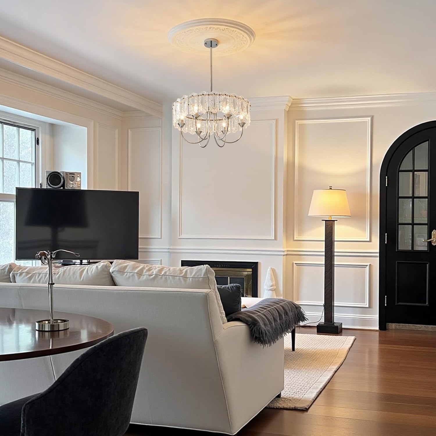 Silver Chandelier, Modern Crystal Chandeliers, Drum K9 Crystals 6 Light Candle Arm - 24" Glass Chandelier for Dining Room Bedroom Living Room Vintage Round Pendant Ceiling Lighting Fixture with Bulbs