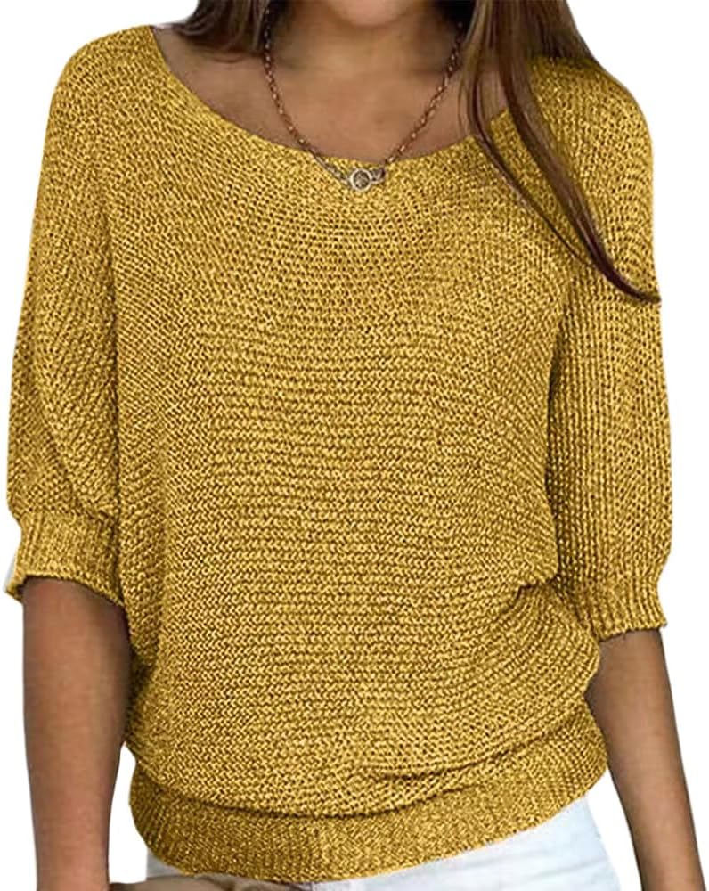 ZOCANIA Women's Crew Neck Casual Loose Ribbed Knit Solid 3/4 Length Sleeve Soft Pullover Oversized Sweater Tops