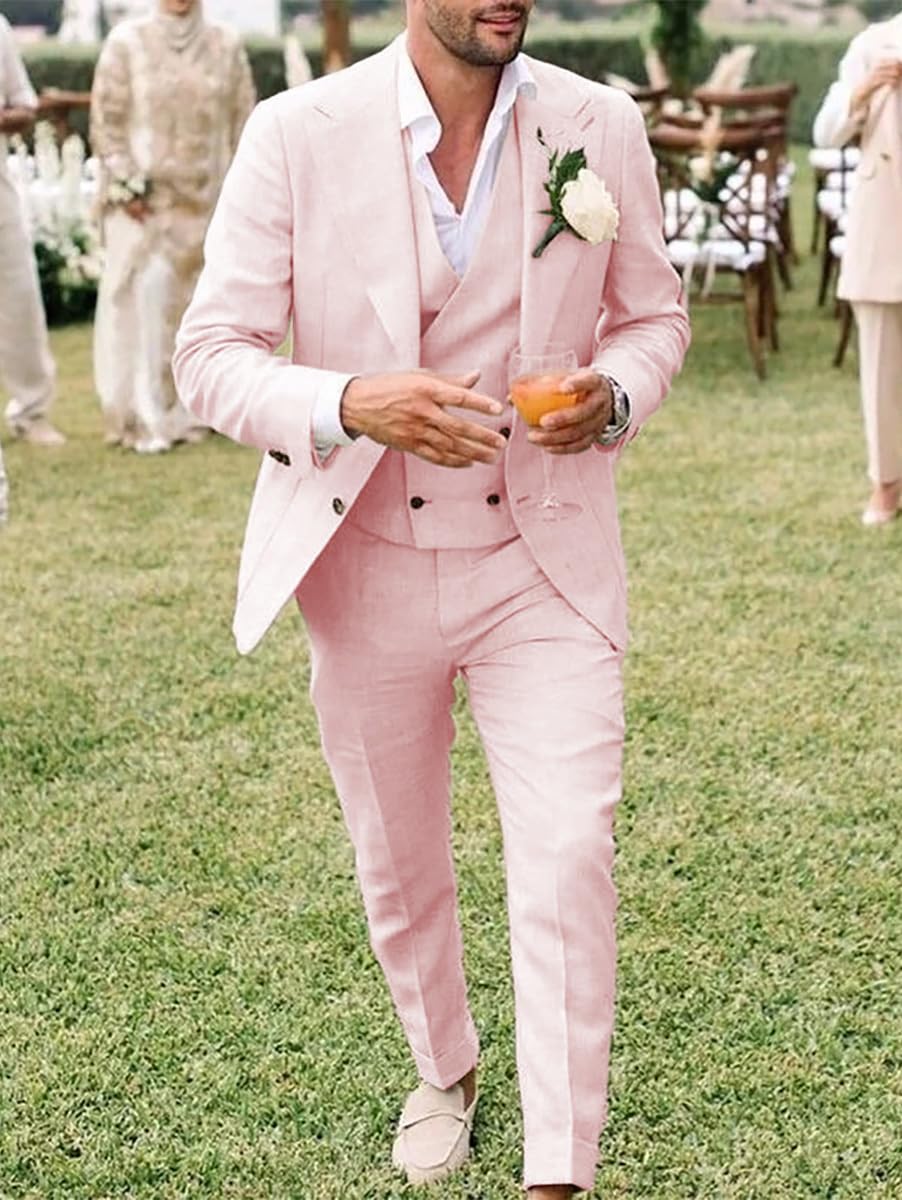 Completo da uomo in lino, stile casual, 3 pezzi, vestibilità regolare, giacca, gilet e pantaloni, per ballo di fine anno e matrimonio