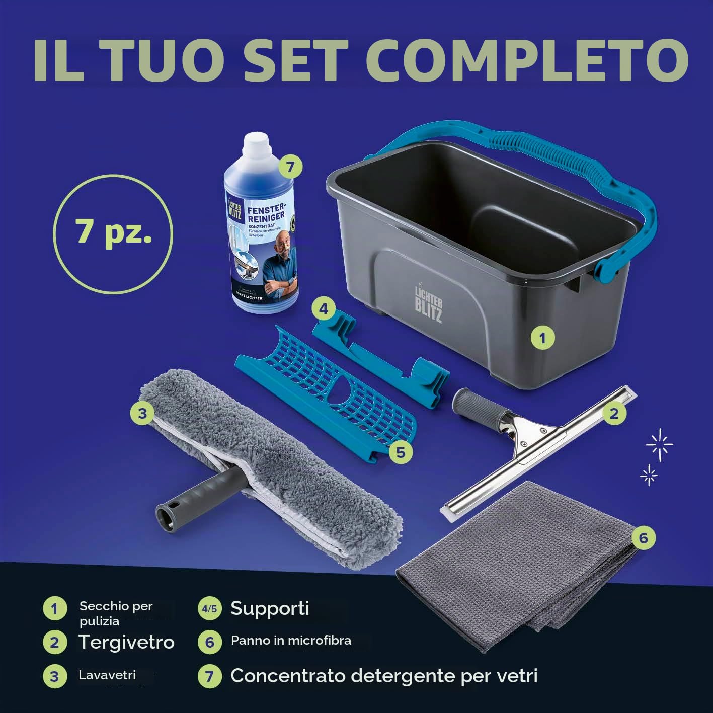 Set completo per la pulizia dei vetri, professionale, con lavavetri, secchio da 12 litri con ripiano, raschietto, panno in microfibra e detergente, per casa e auto
