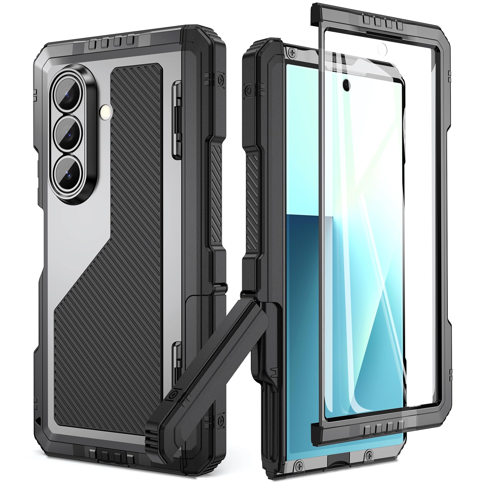 Beeasy für Samsung Galaxy Z Fold 7 Hülle, Outdoor Stoßfeste 360 Grad Schutzhülle mit Scharnierschutz & Ständer, Robuste Heavy Duty Metall Panzerhülle Case mit Displayschutz, Schwarz