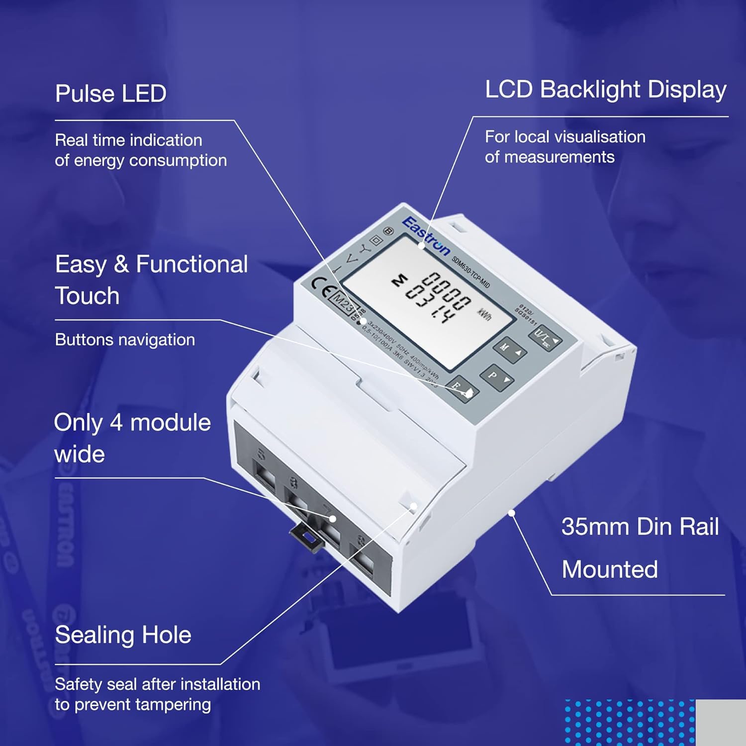 EASTRON SDM630 TCP MID Stromverbrauchsmesser - 1/3 Phasen Stromzähler Hutschiene - Strommessgerät - Drehstromzähler - Ethernet Modbus TCP, 100A kWh, Impulszähler & beleuchtetes LCD-Display