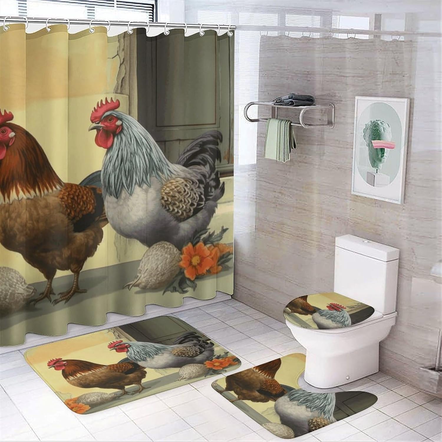 Italian Chickens 4Pcs Shower Curtain Set with Non-Slip Rugs, Toilet Lid Cover and Bath Mat,Bathroom Set Decor Accessories,Curtain Set with 12 Hooks, 72 X 72 Inch