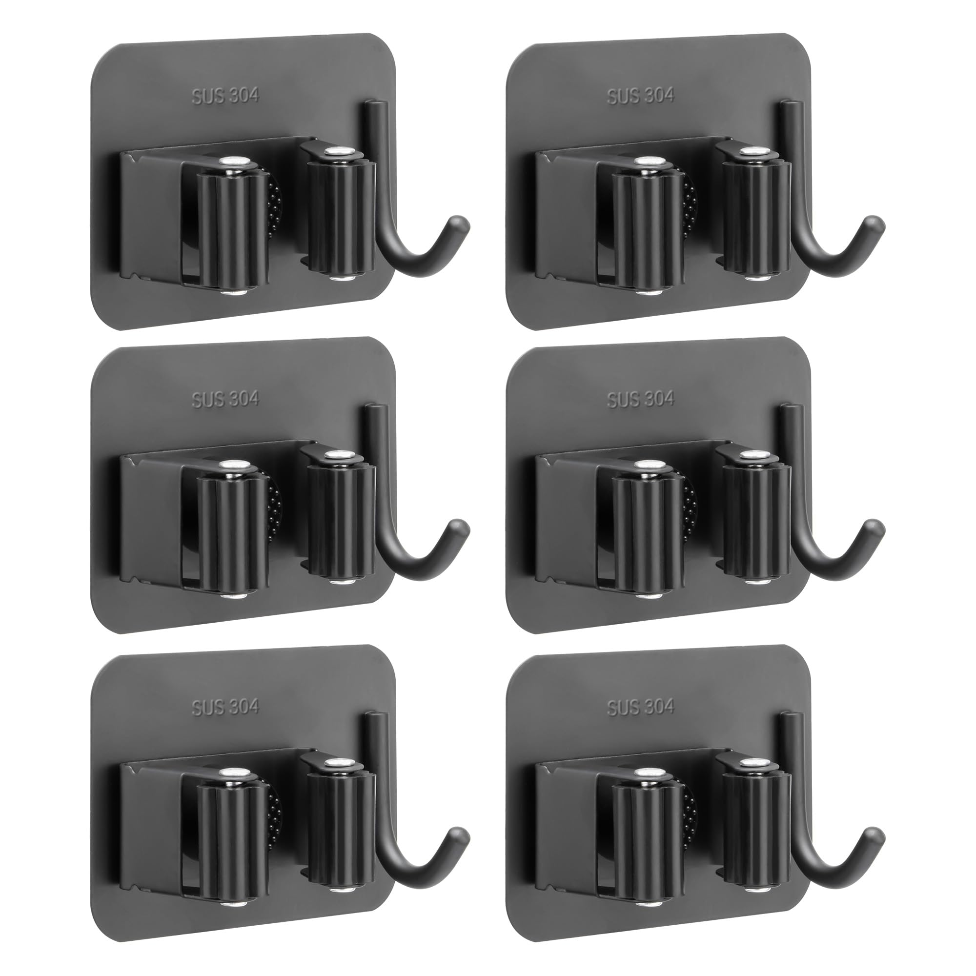 M JINGMEI Mop Holder Wall Mounted, 6Pcs Stainless Steel Self Adhesive Mop Broom Holder with Hooks Hanger Self-Adhesive Broom Holder for Office, Closet, Garden Garage, Bathroom, Kitchen (Dark Grey)