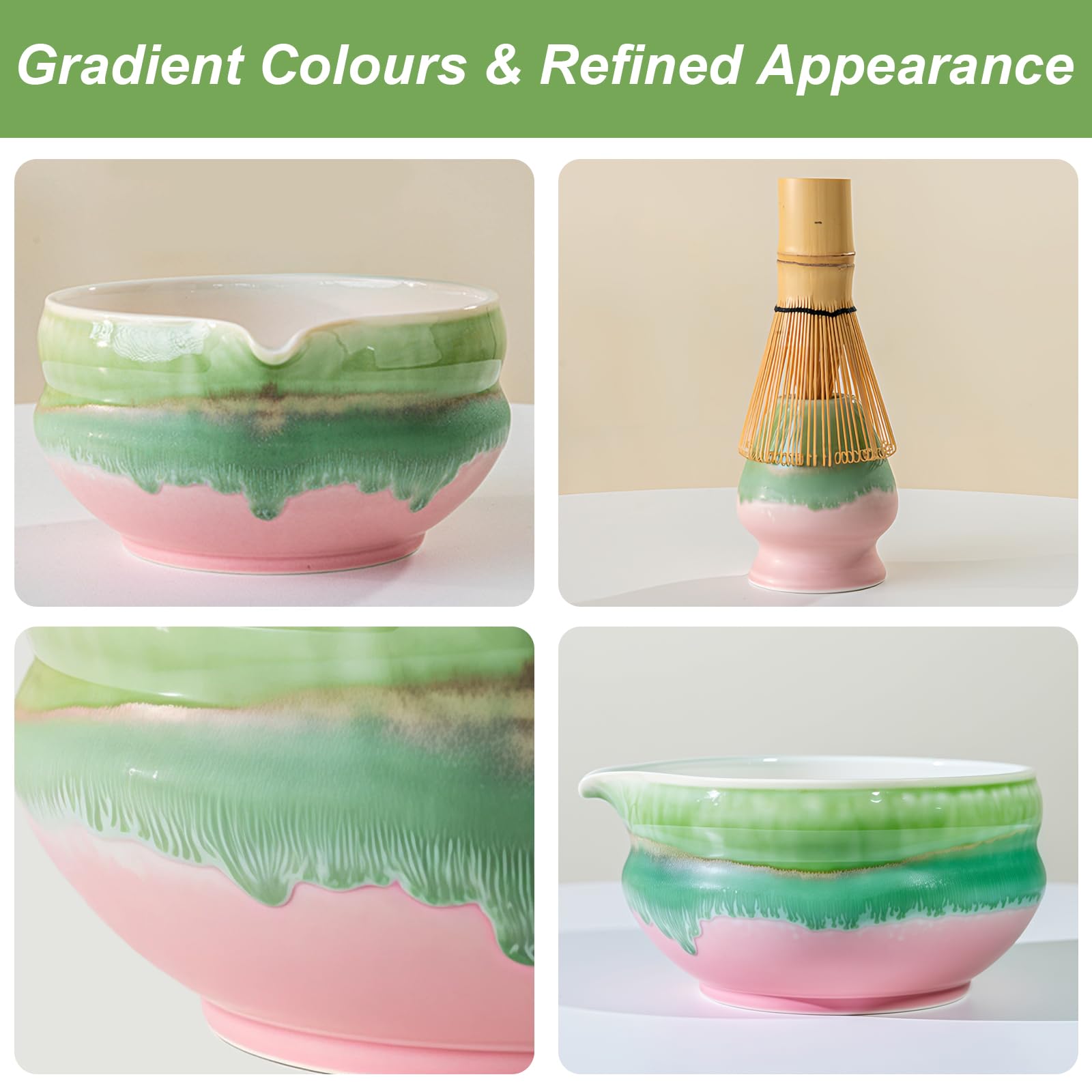 2-częściowy zestaw miseczek do matchy z dzióbkiem, różowy zestaw do herbaty matcha, z miską do matchy chawan i ceramicznym uchwytem na miotły, akwarela, glazurowana porcelana z pudełkiem