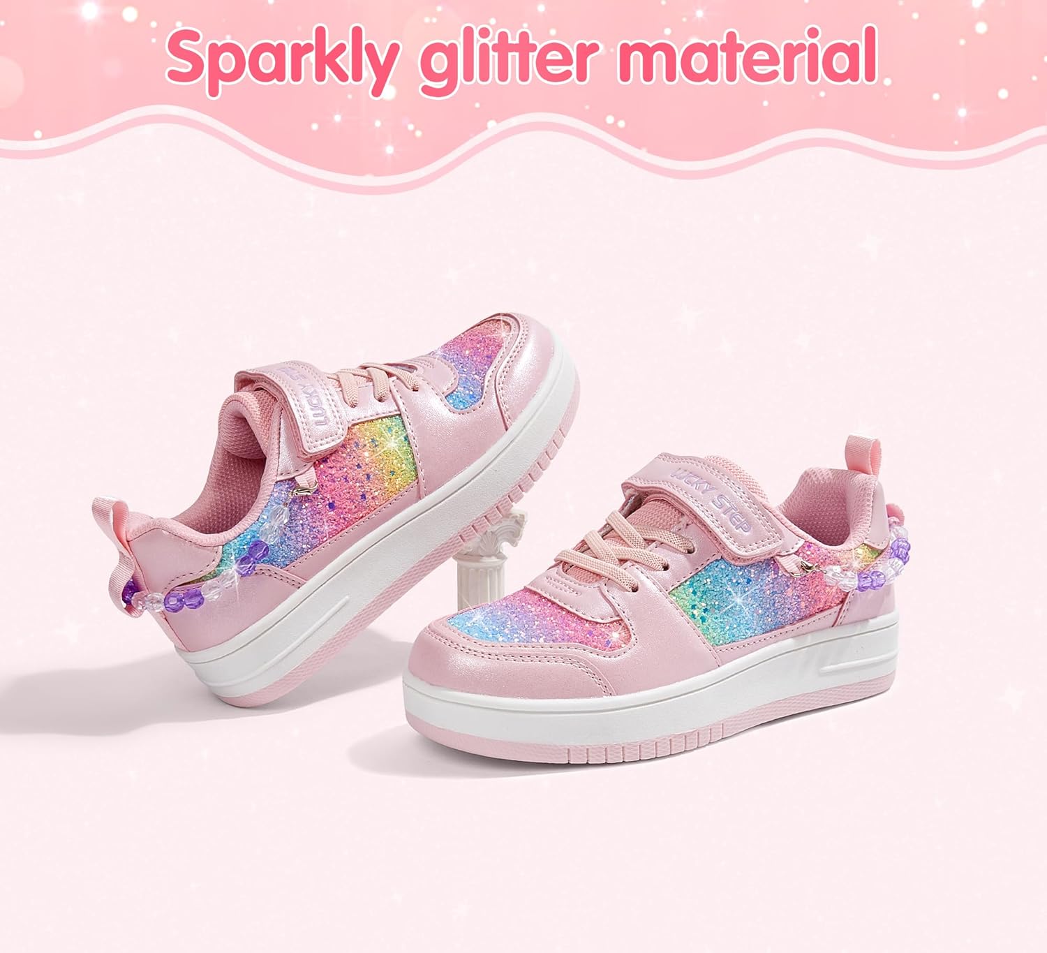 LUCKY STEP Girl's Glitter Sneakers Slip On Hook and Loops Athletic Sparkly Beads Casual Tennis School Party Cute Running Shoes for Children/Girls/Kids - Image 2