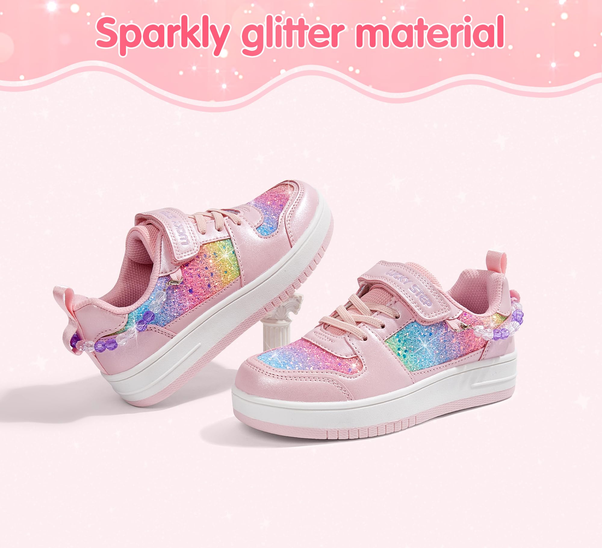LUCKY STEP Zapatillas Brillantes para Niñas con Cierre Autoadhesivo y Cuentas, Deportivas para Escuela/Fiestas, Zapatos Deportivos con Purpurina para Niñas/Niños