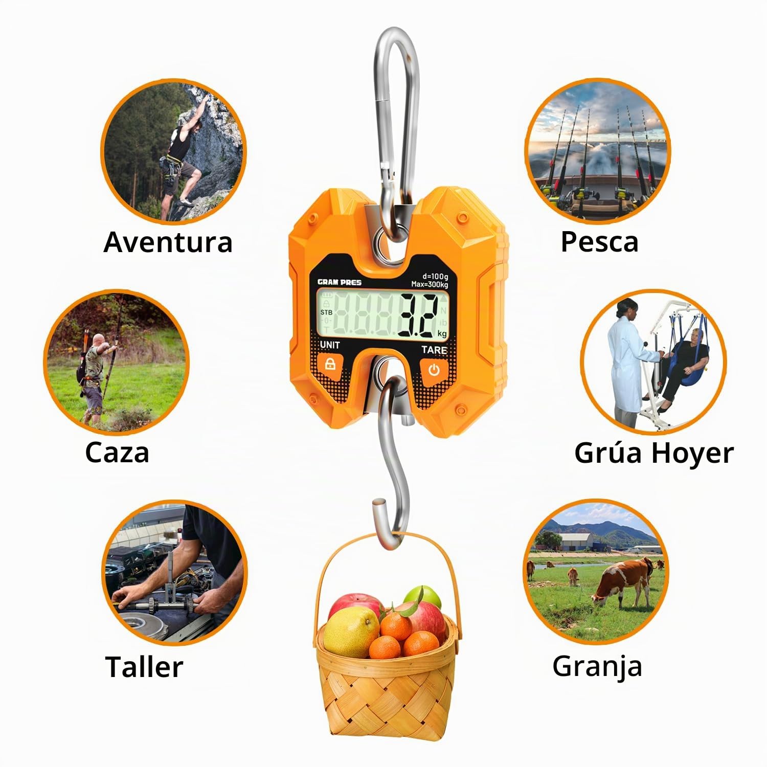 GRAM PRES Báscula Digital Colgante 660 lb/300 kg Con Gancho para Caza, Pesca, Granja, Carne, Equipaje y Exterior