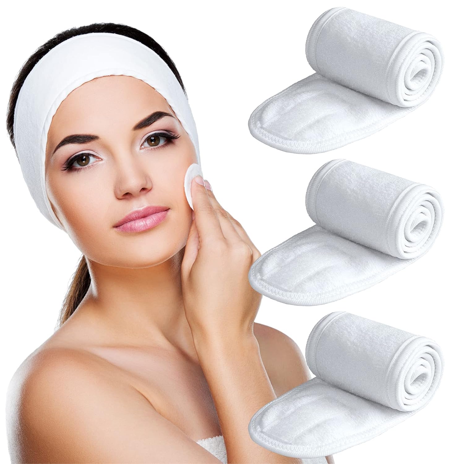 Denfany 3 Pack Makeup Headband, Ultra Soft Adjustable Spa Facial Headbands Terry Cloth Stretch Make Up Wrap for Face Washing, Shower, Facial Mask, Yoga (White+White+White)
