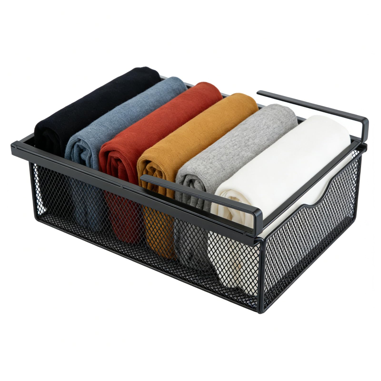 BREEZENEST Metal Mesh Drawer Organizer No-Punch Iron Hanging Storage Box with Pull-Out Design for Bras Underwear Socks Under Shelf Storage Basket for Kitchen Office Wardrobe Cabinet (Black)
