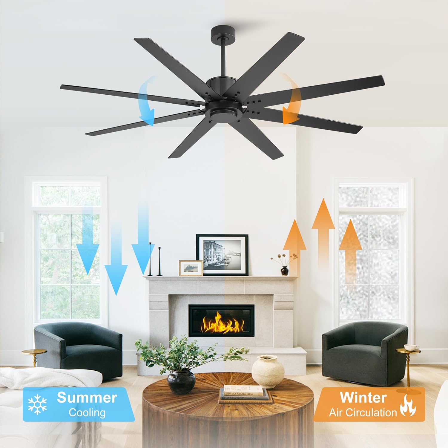 WINGBO 64" Ceiling Fan without Light, Modern Large Ceiling Fan with Remote Control, 6-Speed Reversible Noiseless DC Motor, for Living Room, Bedroom & Covered Outdoor Black